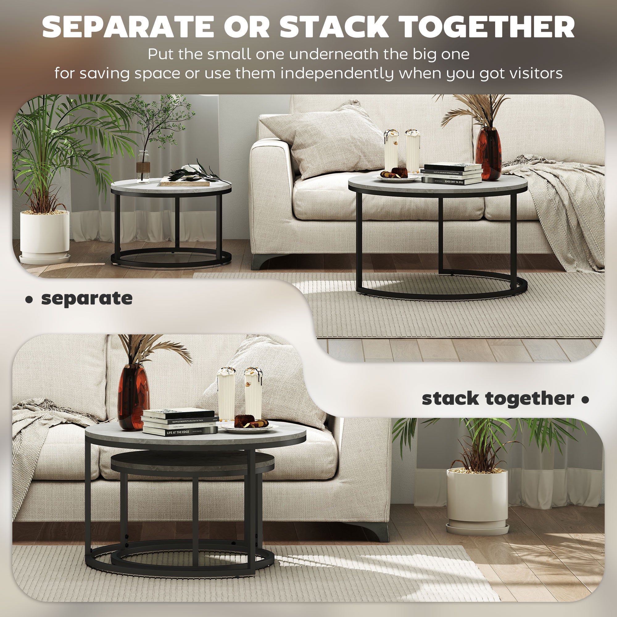 HOMCOM Set of Two Marble-Effect Stacking Tables - Wood Grey