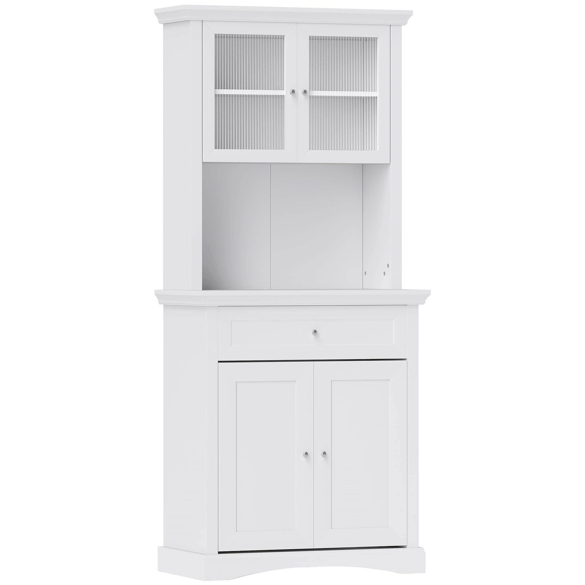 HOMCOM 4-Door Kitchen Cupboard with Drawer, Freestanding Kitchen Cabinet with Glass Doors, Adjustable Shelves and Open Counter, White