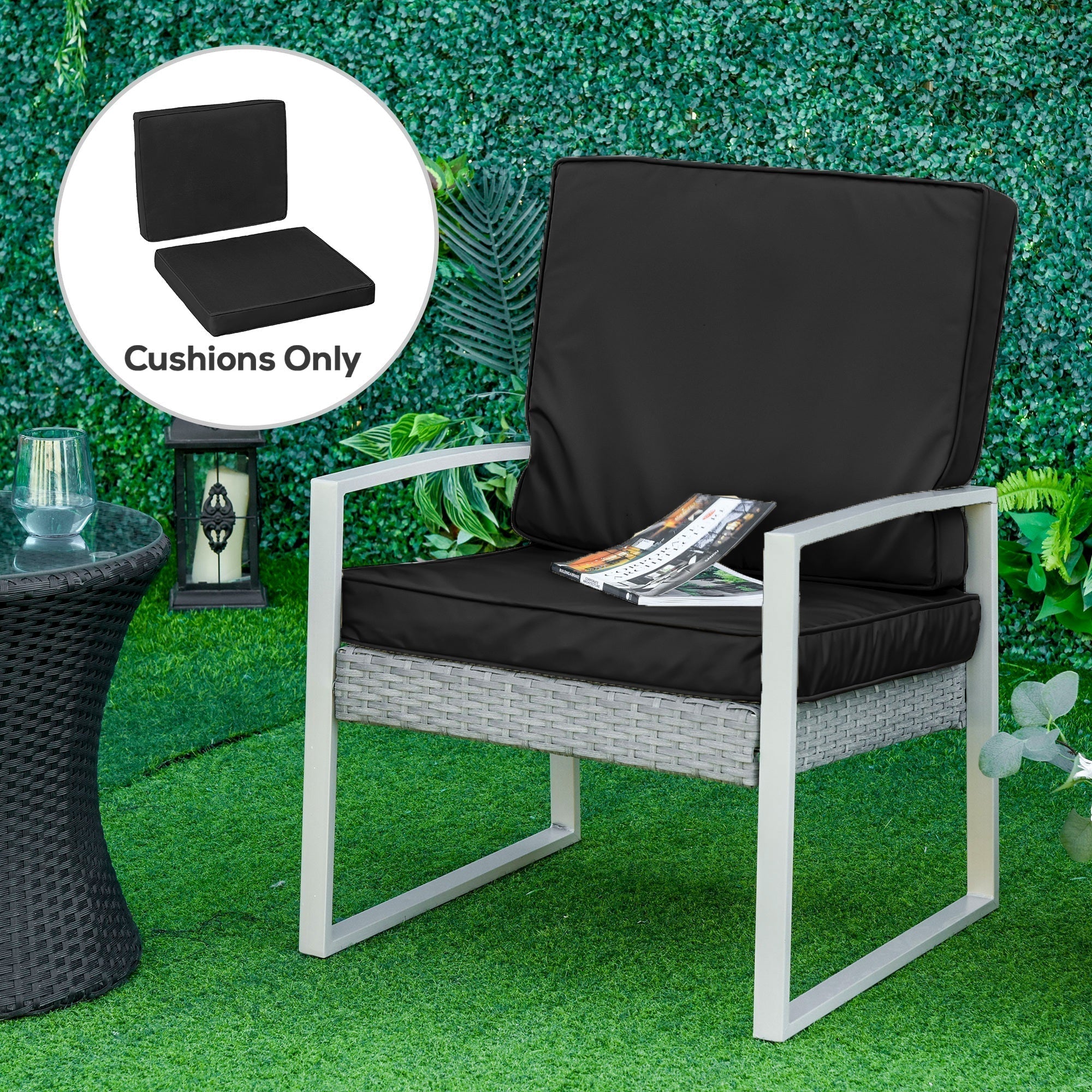 Outsunny 2 Piece Garden Chair Cushions with 1 Seat Cushion 1 Back Pad for Rattan Sofa Chair, Outdoor Seat Pads for Indoor and Outdoor Use, Black