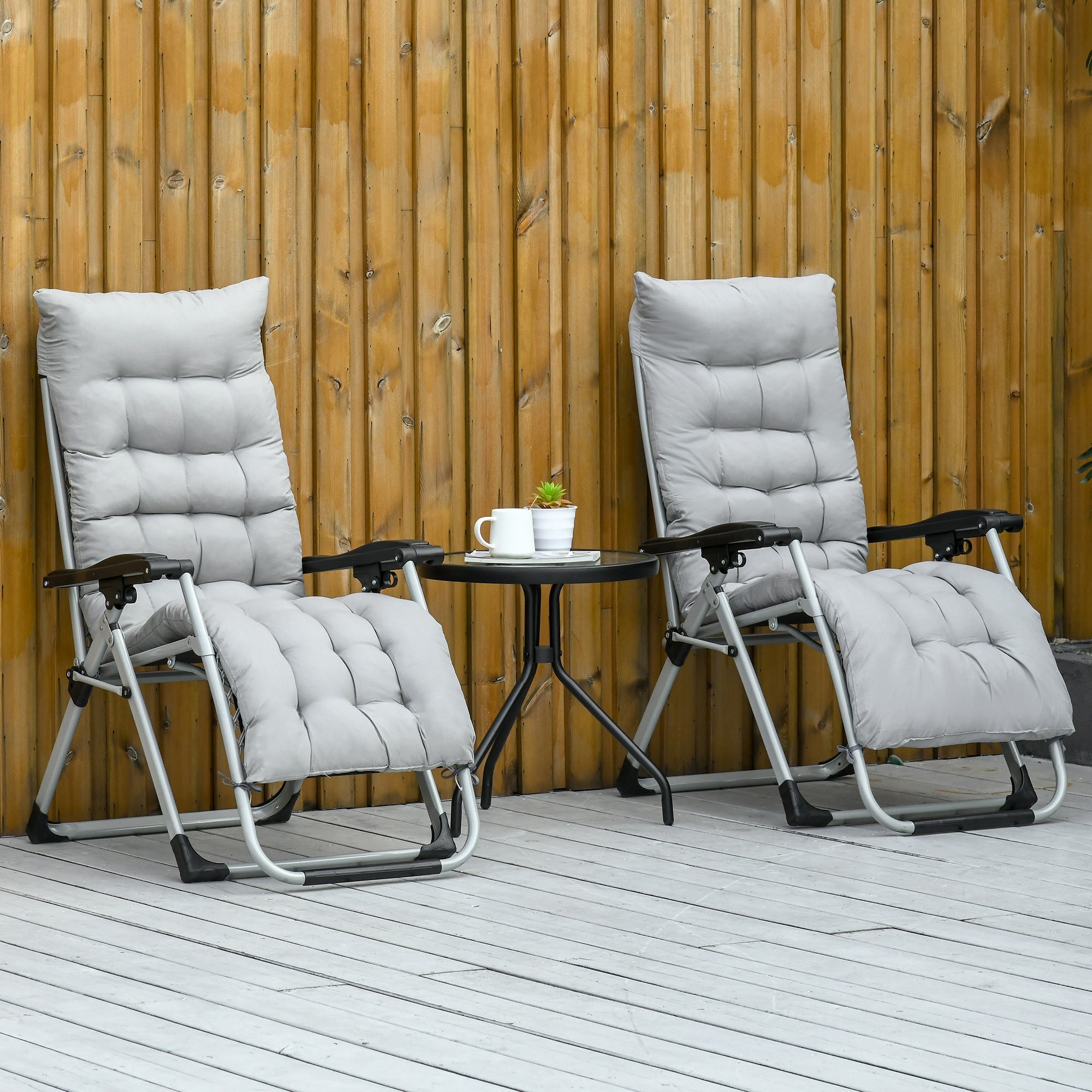 Outsunny 2pc Reclining Zero Gravity Sun Loungers ,Folding Chaise Lounge Chair with Cushions, Light Grey
