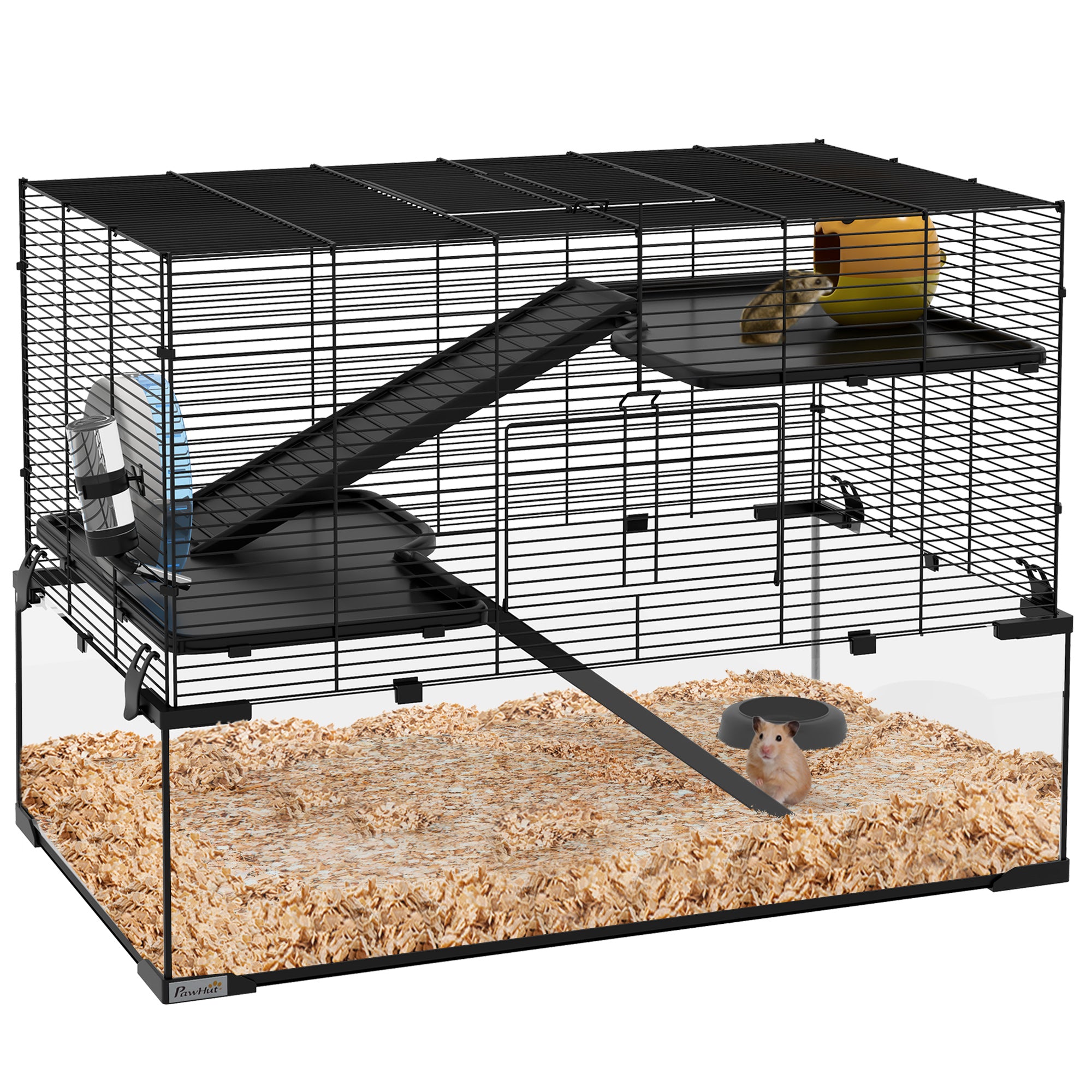 PawHut 3 Tiers Hamster Cage, Gerbil Cage with Deep Glass Bottom, Non-Slip Ramps, Platforms, Hut, Exercise Wheels, Water Bottle, Dish, for Syrian Hamster, Dwarf Hamster, 78.5 x 48.5 x 54.5cm