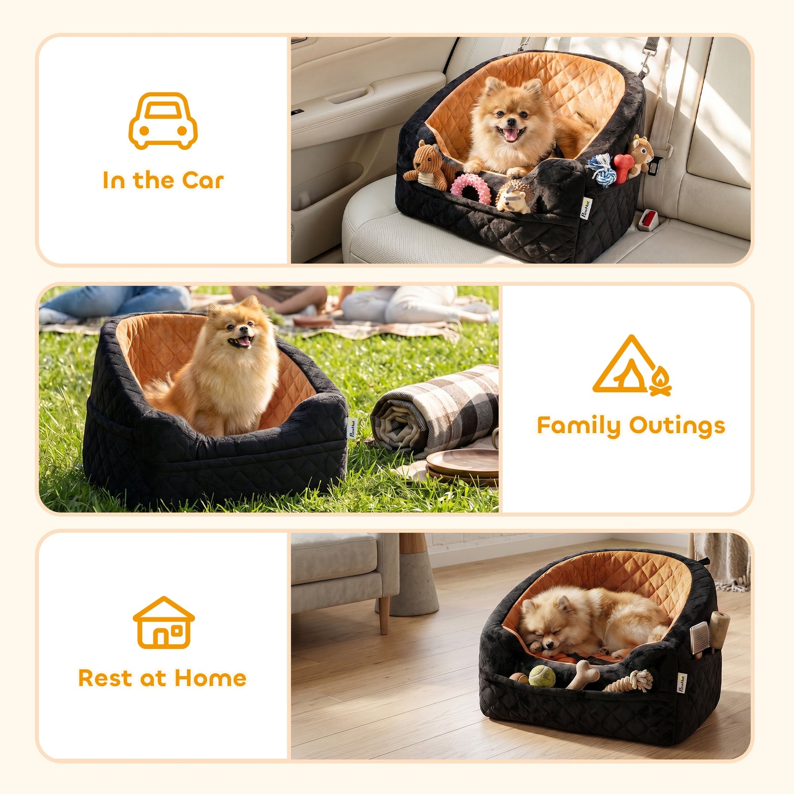 PawHut Dog Car Seat, Detachable Washable Dog Booster Seat with Thick Cushion, Seat Belt, Pockets for Small Under 10kg, Brown