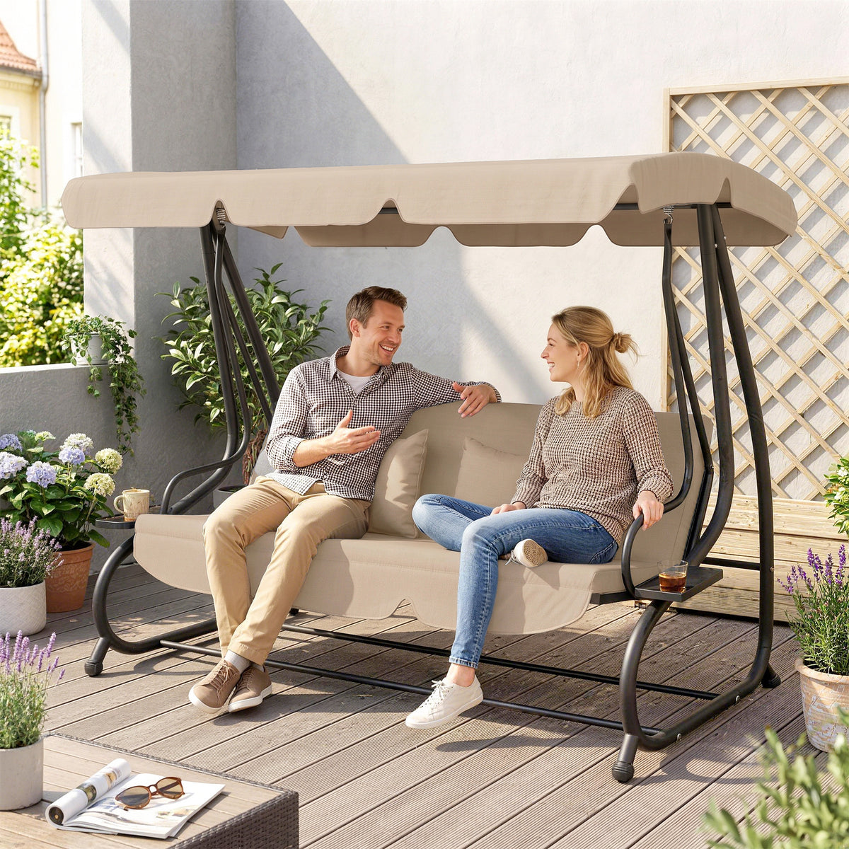 Outsunny Three-Person garden Swing Chair, with Adjustable Canopy - Light Brown