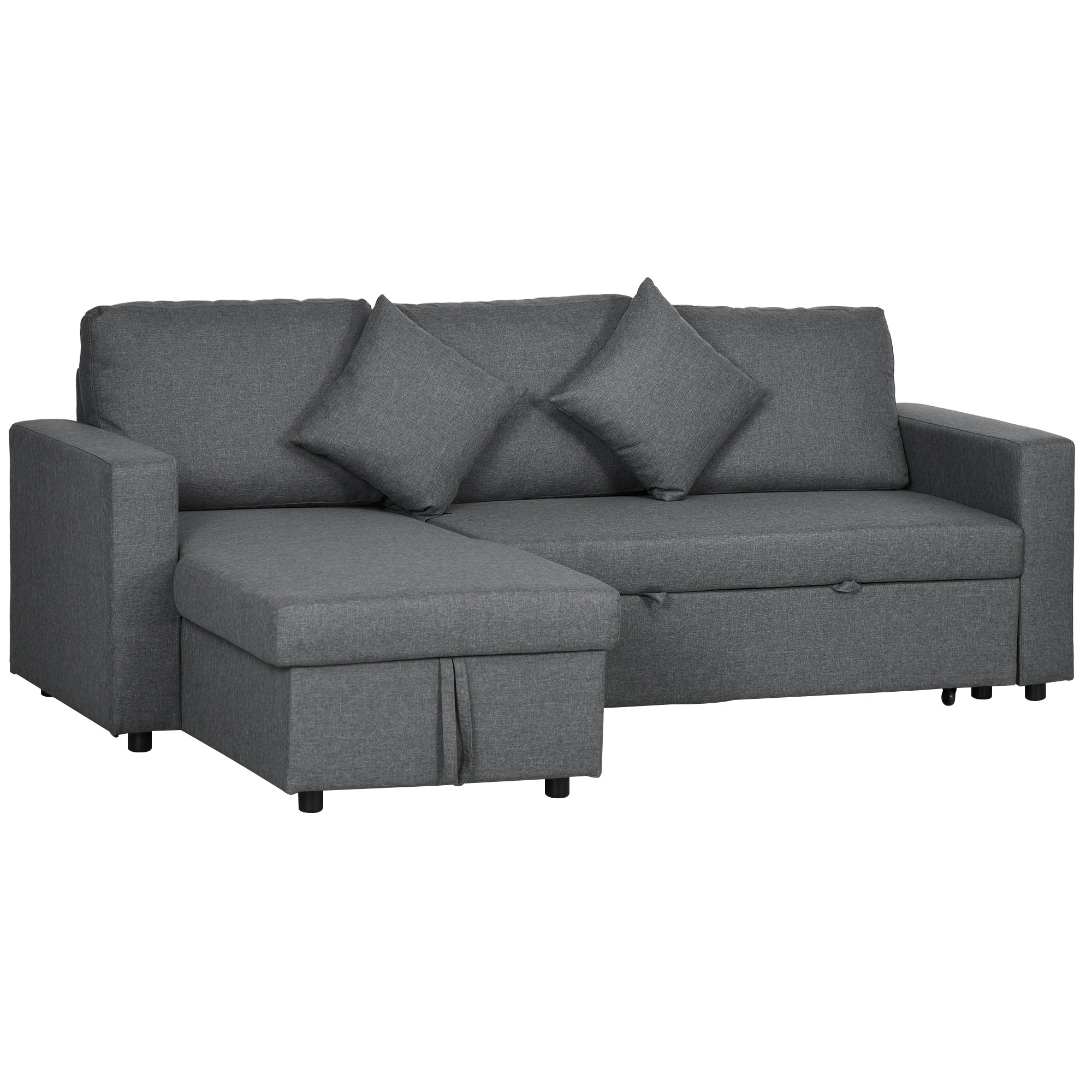 HOMCOM Corner Sofa Bed with Storage, 3 Seater Pull Out Sofa Bed, Convertible L Shape Sofa Couch with Reversible Chaise Lounge for Living Room, Dark Grey