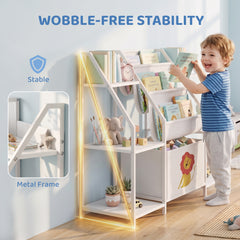 AIYAPLAY Kids Bookshelf and Toy Storage with 3-Tier Sling Book Rack and Fabric Drawer for Nursery, Bedroom, Playroom, White
