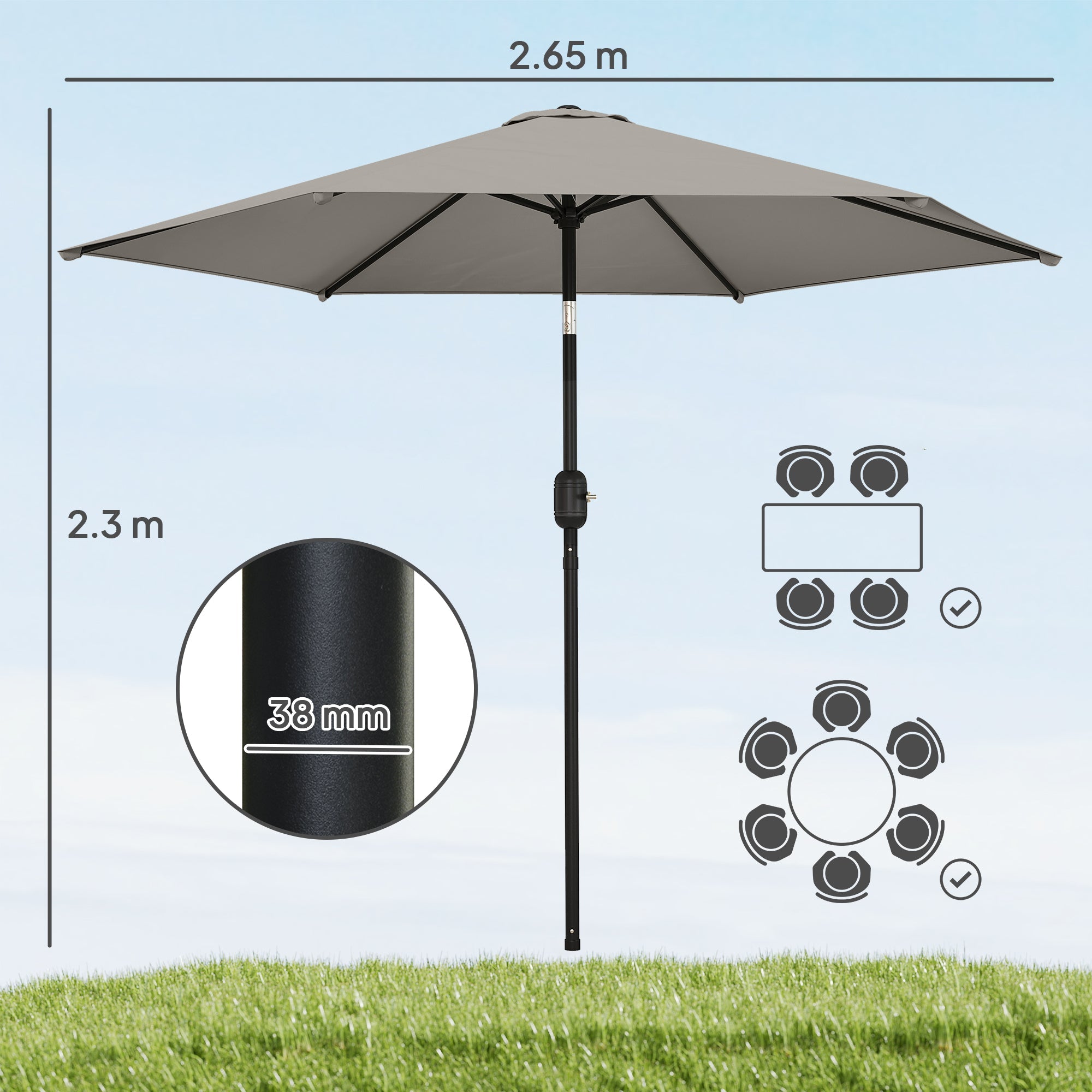 Outsunny 2.6 m Garden Parasol Umbrella with Aluminium Pole, Outdoor Patio Umbrella with Tilt and Crank, Vent, Light Grey