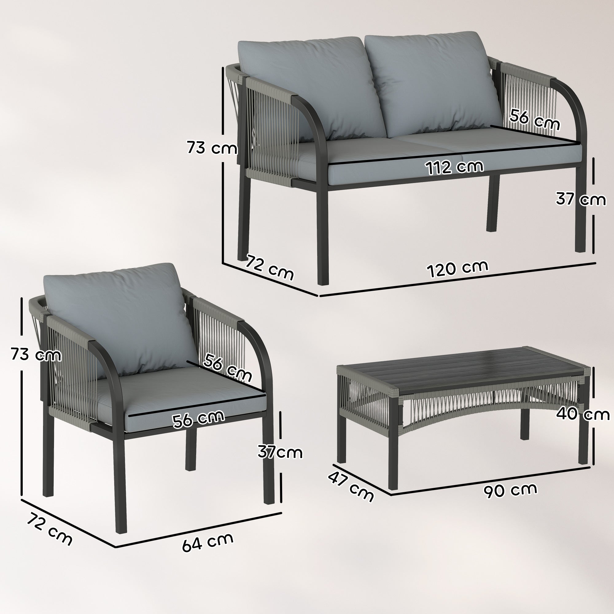 Outsunny 4 Piece Rattan Garden Furniture Set with Loveseat, Armchairs, Table, Steel Frame Wicker Patio Conversation Set, Grey