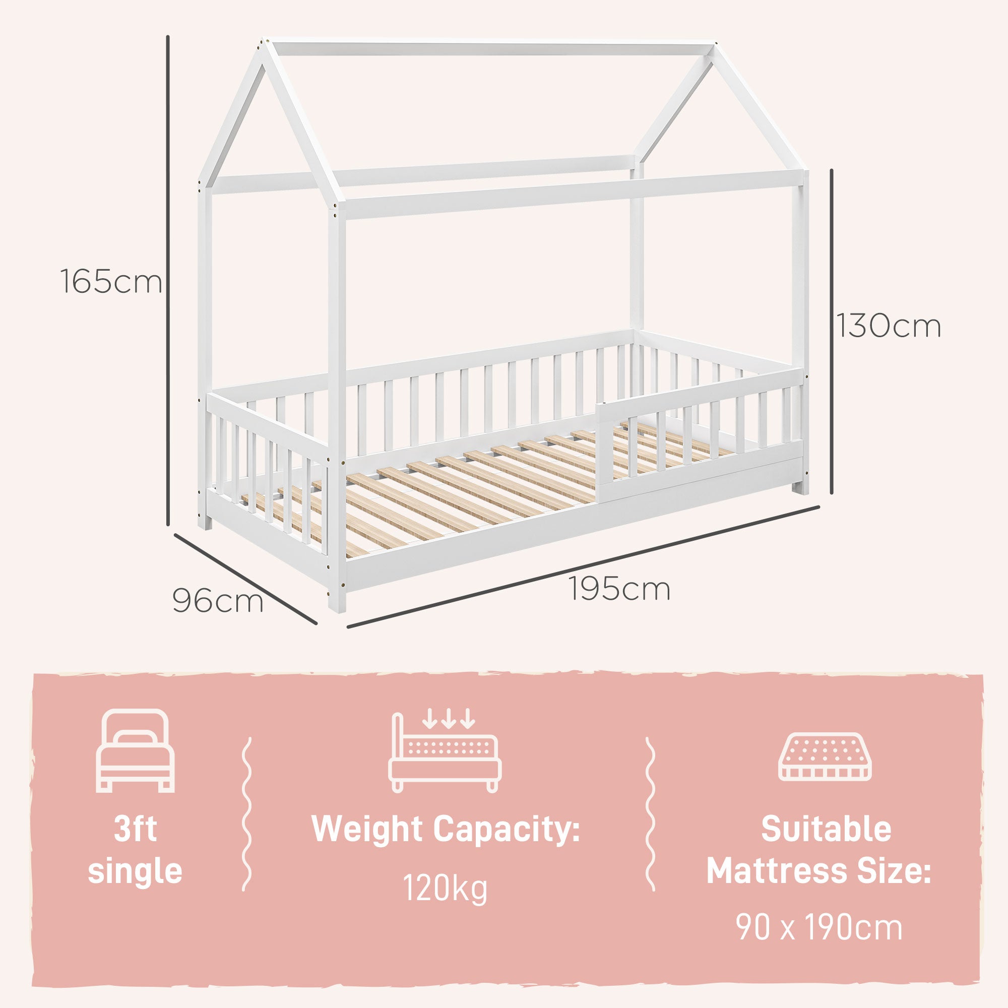 HOMCOM House-Shaped Kids Bed Frame with Safety Fence, Solid Pine Wood Single Bed Frame for Kids Boys and Girls
