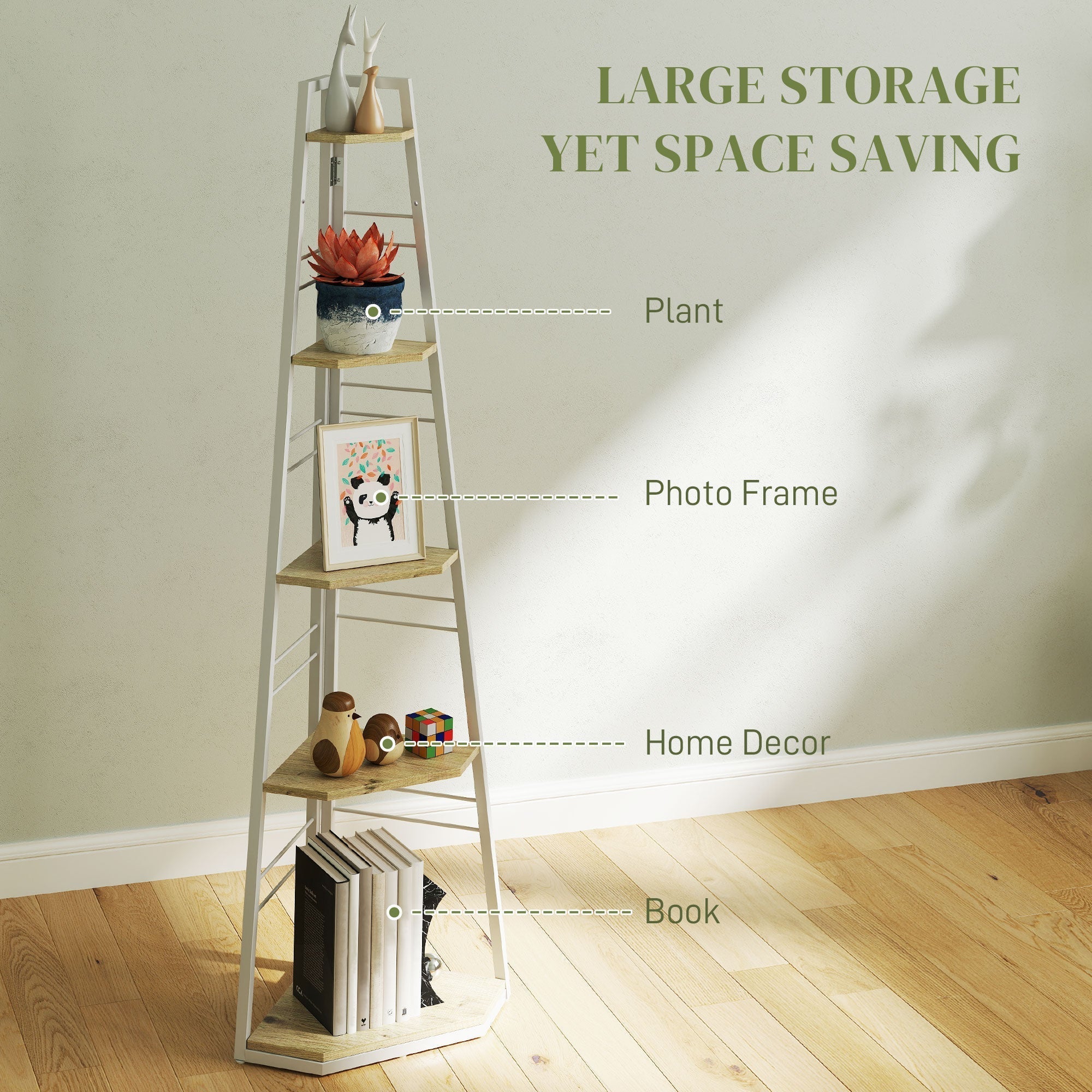 HOMCOM Five-Tier Corner Shelf - White/Wood-Effect