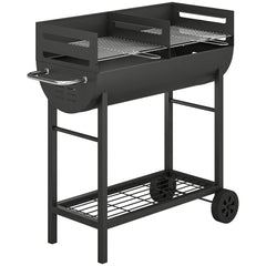 Outsunny Charcoal Barbecue Grill with 2 Cooking Areas, Portable BBQ Trolley with Wheels, Height Adjustable Grates, Bottom Shelf