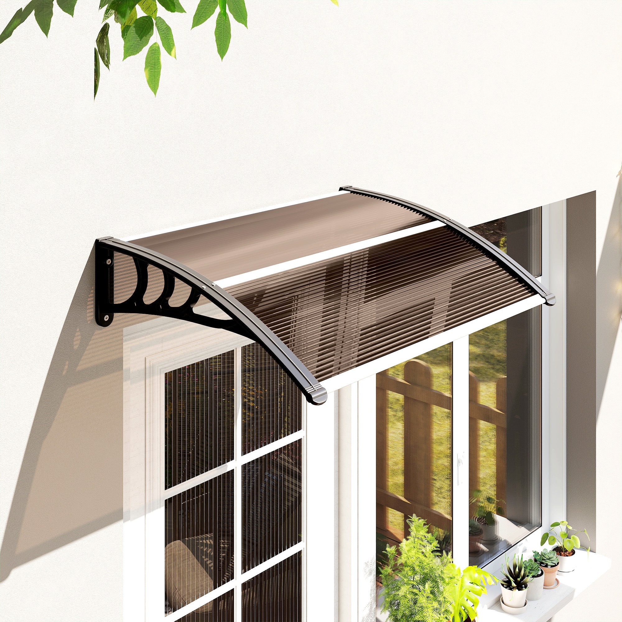 Outsunny Front Door Canopy Outdoor Awning Aluminium Rigid Plastic Polycarbonate Rain Shelter UV Water Rain Resistant 100 x 75cm Brown