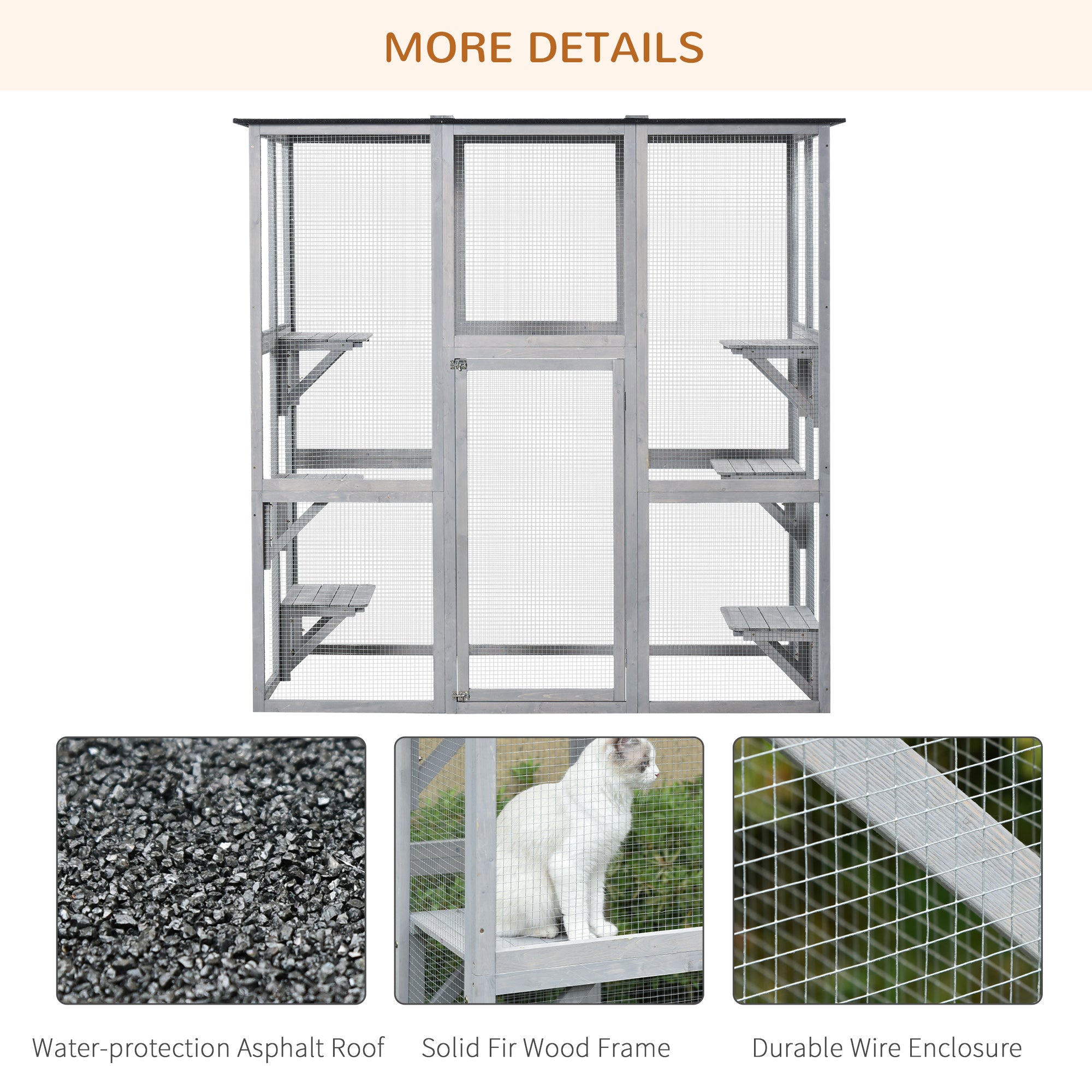PawHut Wooden Catio Cat Outdoor Enclosure, Cat Cage with Waterproof Roof, Platforms, for Multiple Kittens, 180 x 98 x 180 cm
