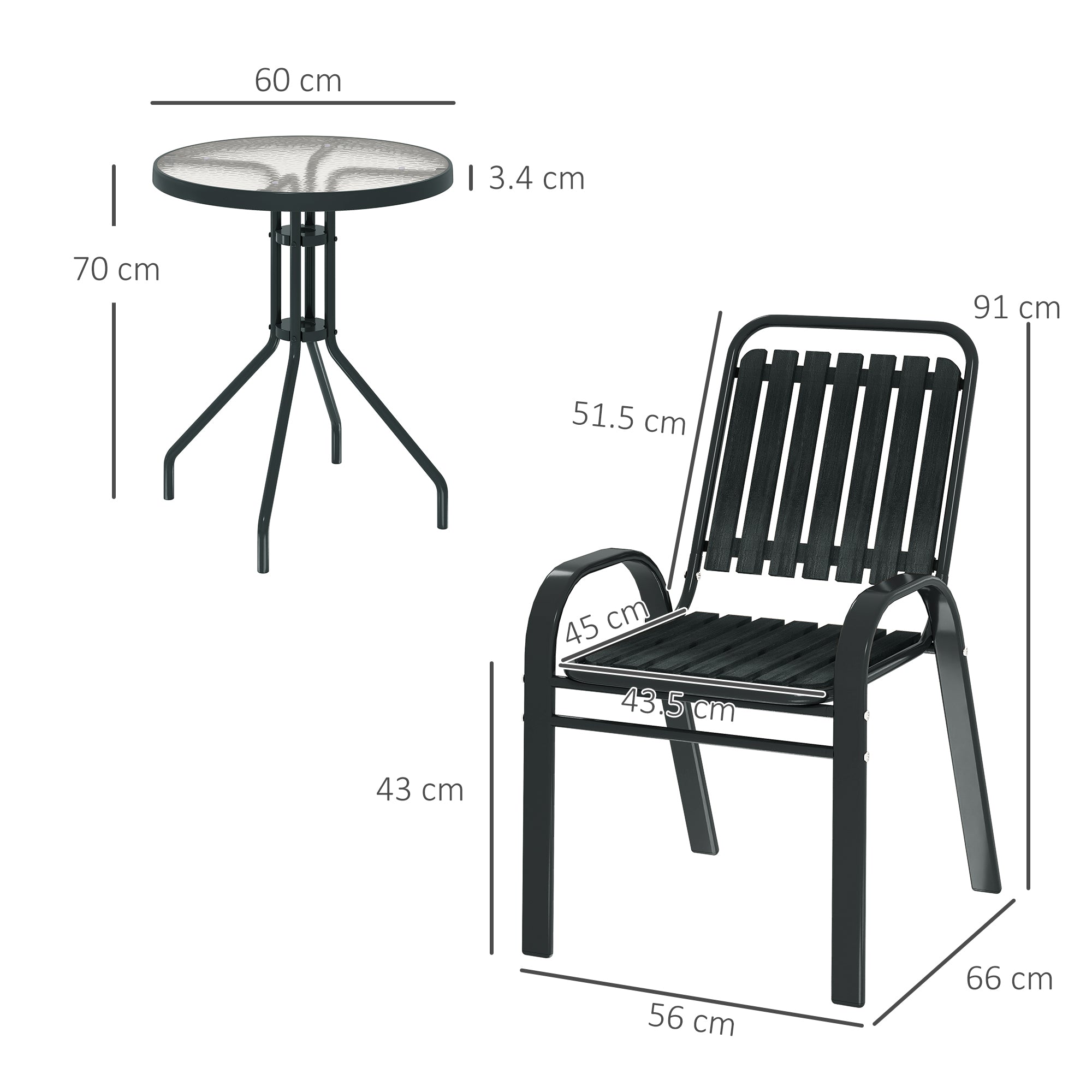 Outsunny 3 Pieces Patio Bistro Set with Stackable Chairs, Tempered Glass Table, for Outdoor, Balcony, Patio, Garden Charcoal Grey