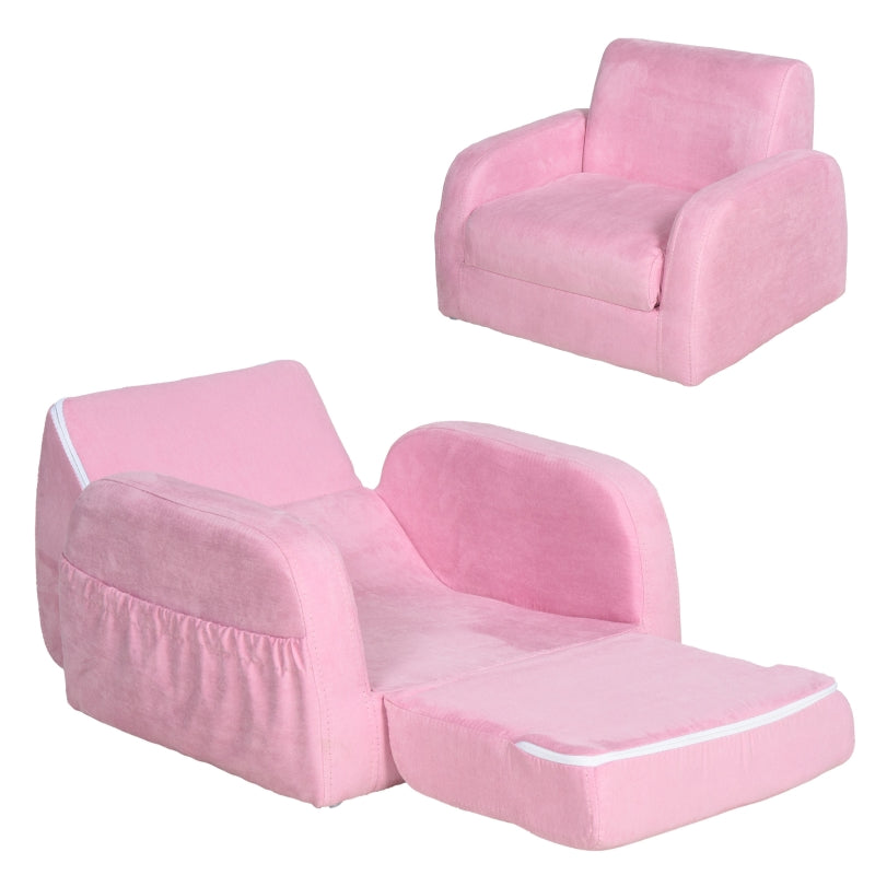 2-in-1 Kids Armchair, Toddler Sofa Bed, with Wood Frame, for Bedroom, Playroom - Pink