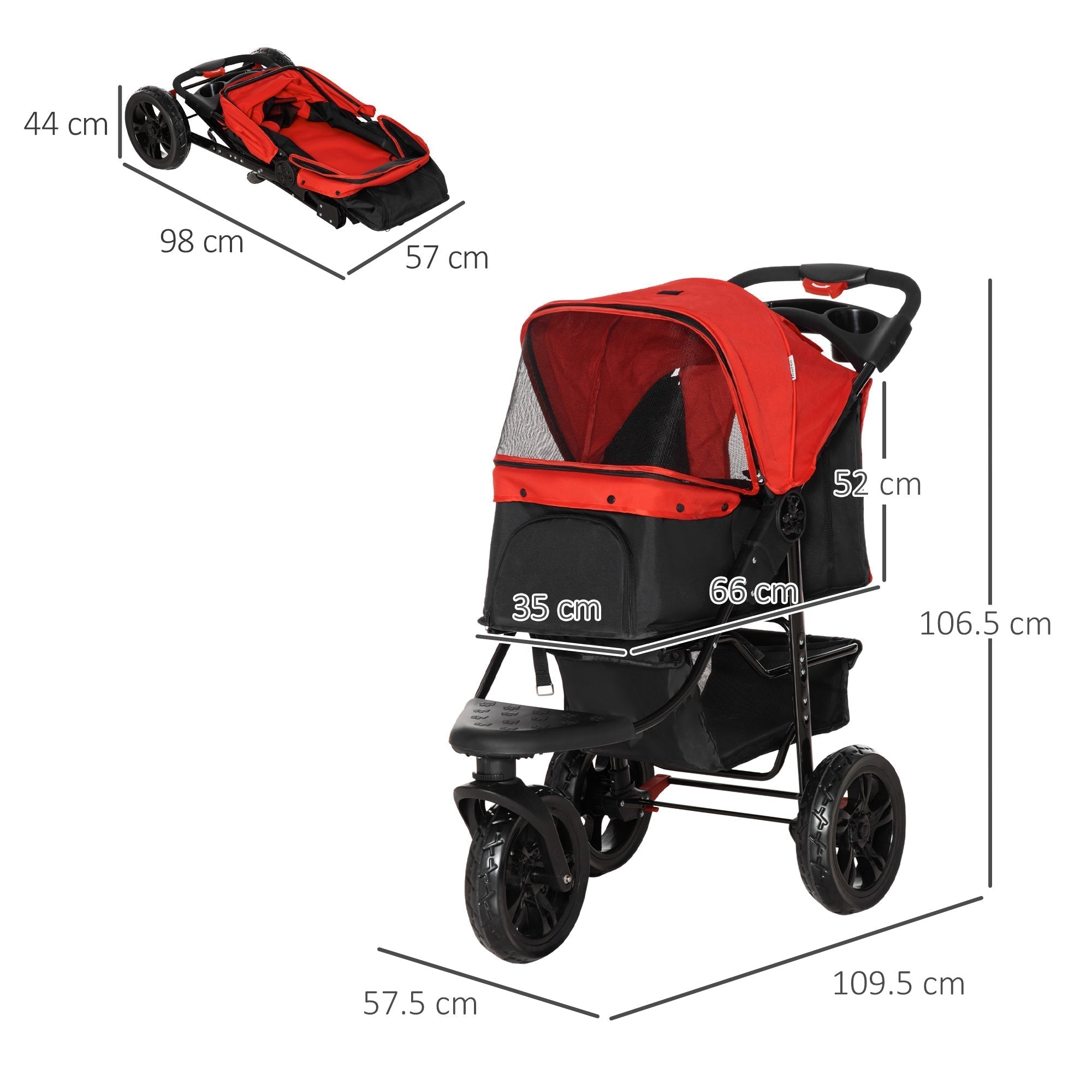 PawHut Dog Stroller Foldable Pet Pram, 3 Wheels Dog Pushchair with Brake, for Small Miniature Breeds, Cats, Red
