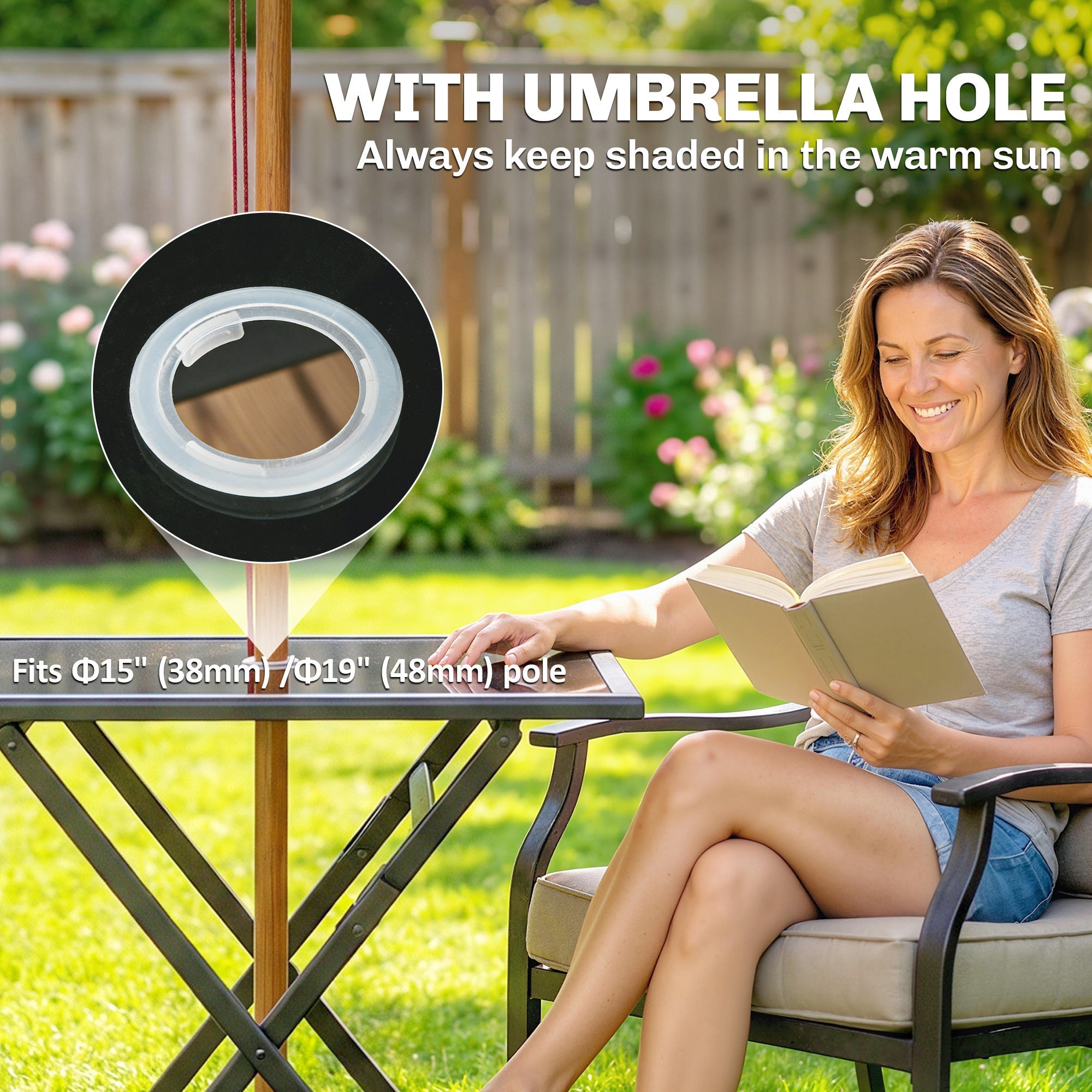 Outsunny Folding Outdoor Dining Table, Square Garden Table Tempered Glass Top with Parasol Hole Garden Patio, 70 x 70 x 70 cm