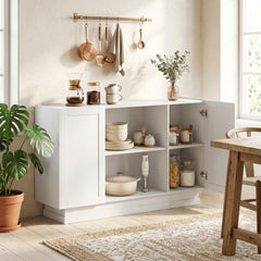 HOMCOM Sideboard Buffet Cabinet, 133 cm Storage Cabinet with 2 Open Shelves, 2 Cupboards and Soft Close Doors, White