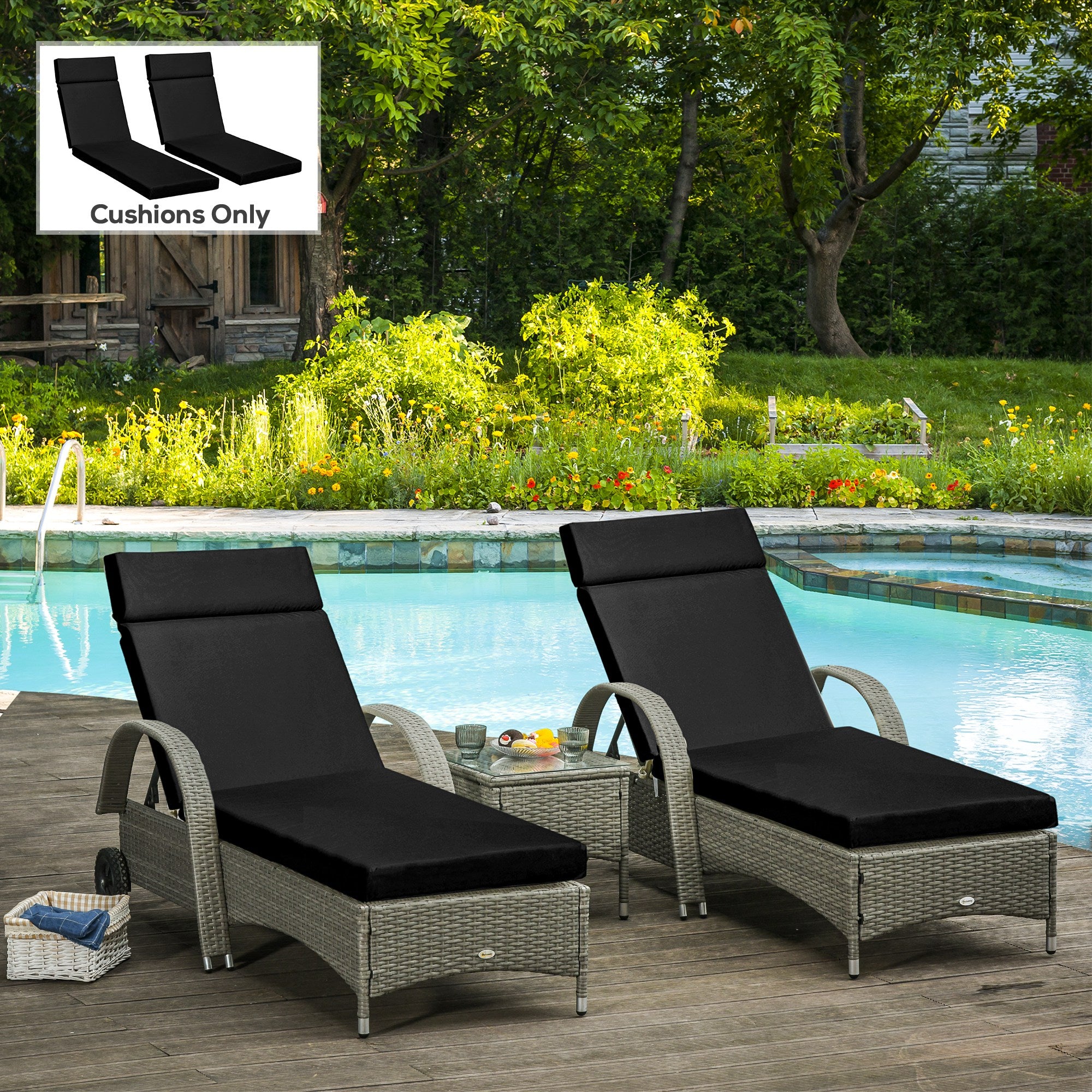Outsunny Set of 2 Sun Lounger Cushions, Replacement Cushions for Rattan Furniture with Ties, 196 x 55 cm, Black