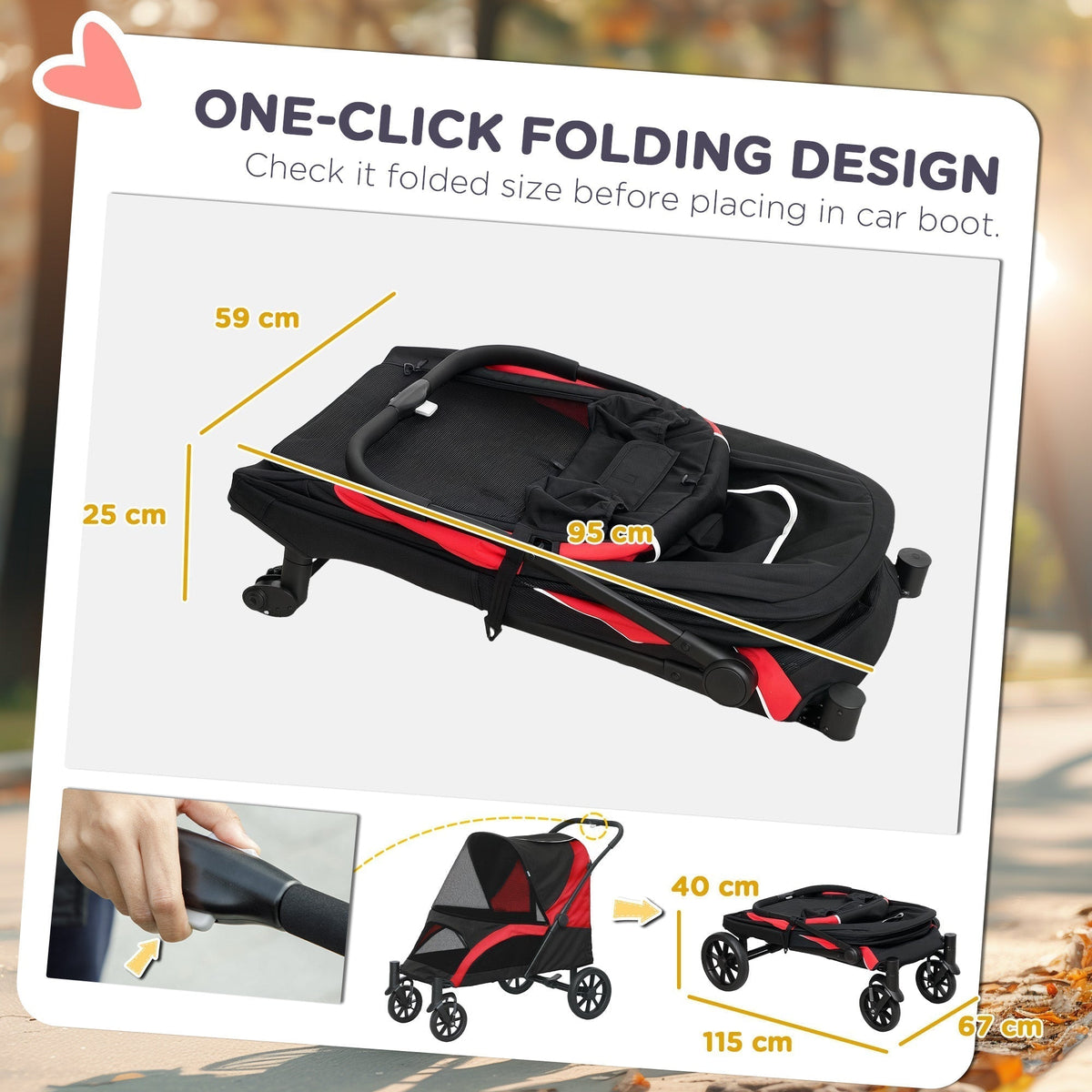 PawHut Foldable Pet Stroller for Large Dogs with Four Big Wheels, Shock-Absorbing Frame, Safety Leashes, Brakes, Red/Black
