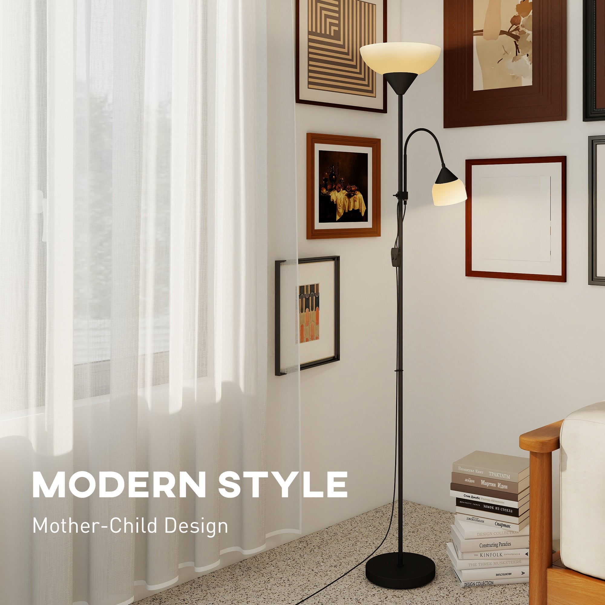 HOMCOM LED Floor Lamp for Living Room, 180cm Tall Standing Lamp, Mother and Child Uplighter with Adjustable Gooseneck, 3000K/4500K/6500K Colour Temperatures, Black