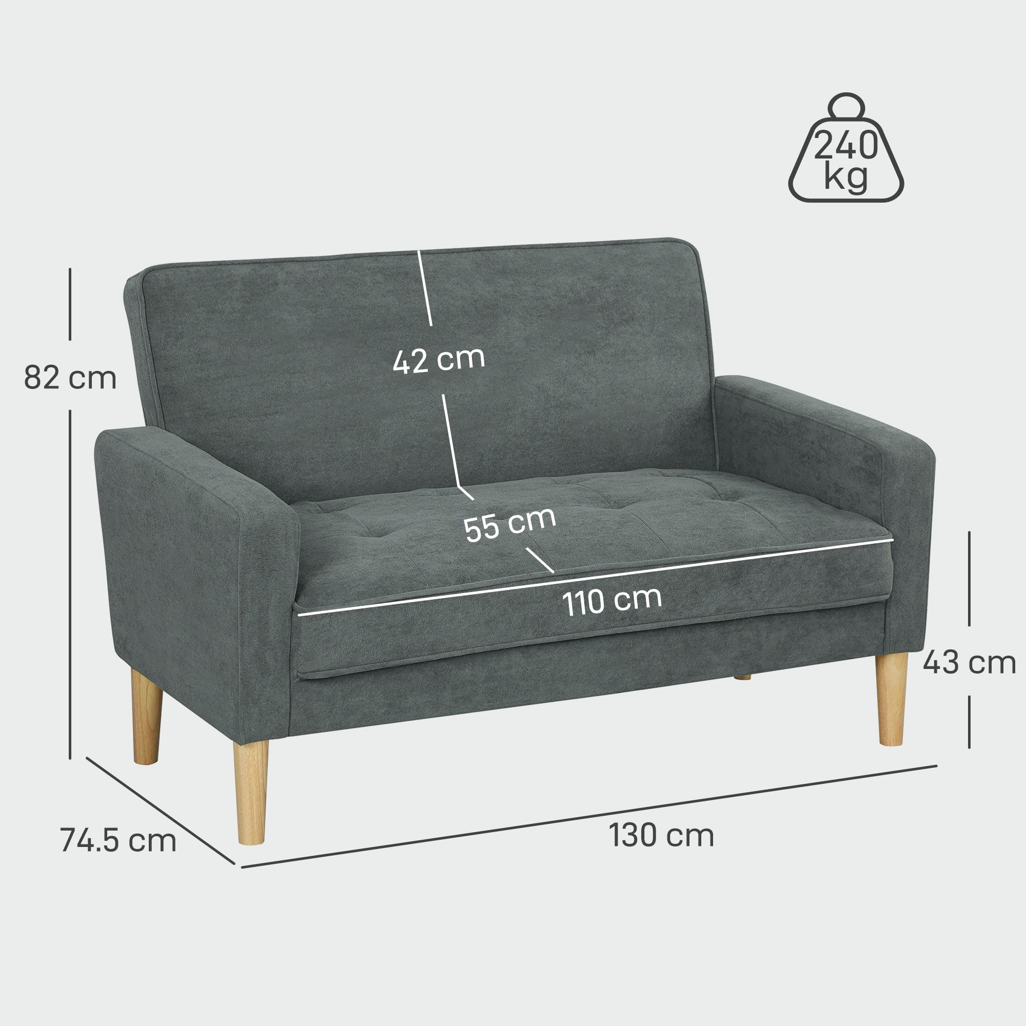 HOMCOM Two-Seater Velvet-Feel Sofa - Grey