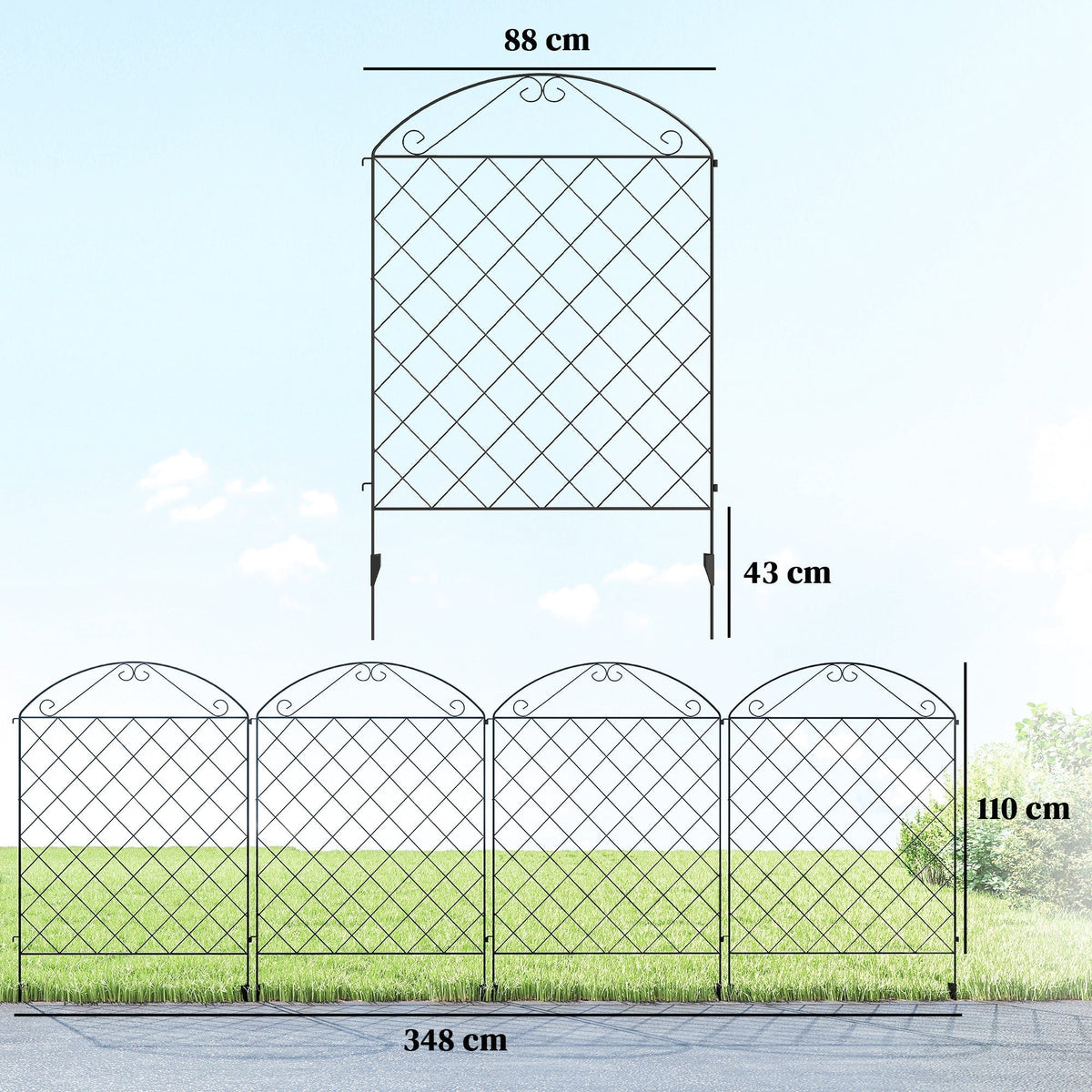 Outsunny Decorative Garden Fencing, 43in x 11.5ft Outdoor Picket Fence Panels, 4PCs Rustproof Metal Wire Landscape Flower Bed Border Edging, Black