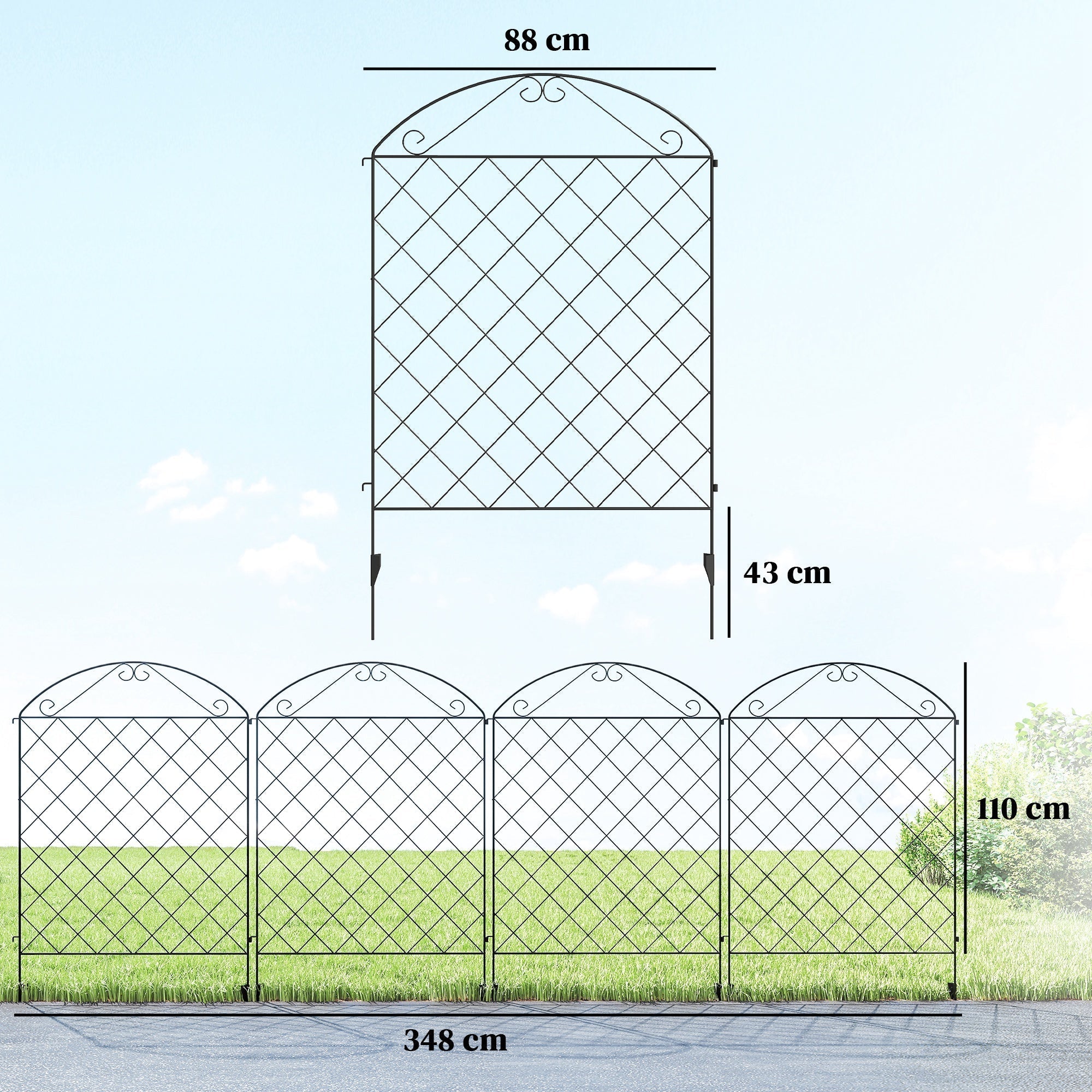 Outsunny Decorative Garden Fencing, 43in x 11.5ft Outdoor Picket Fence Panels, 4PCs Rustproof Metal Wire Landscape Flower Bed Border Edging, Black