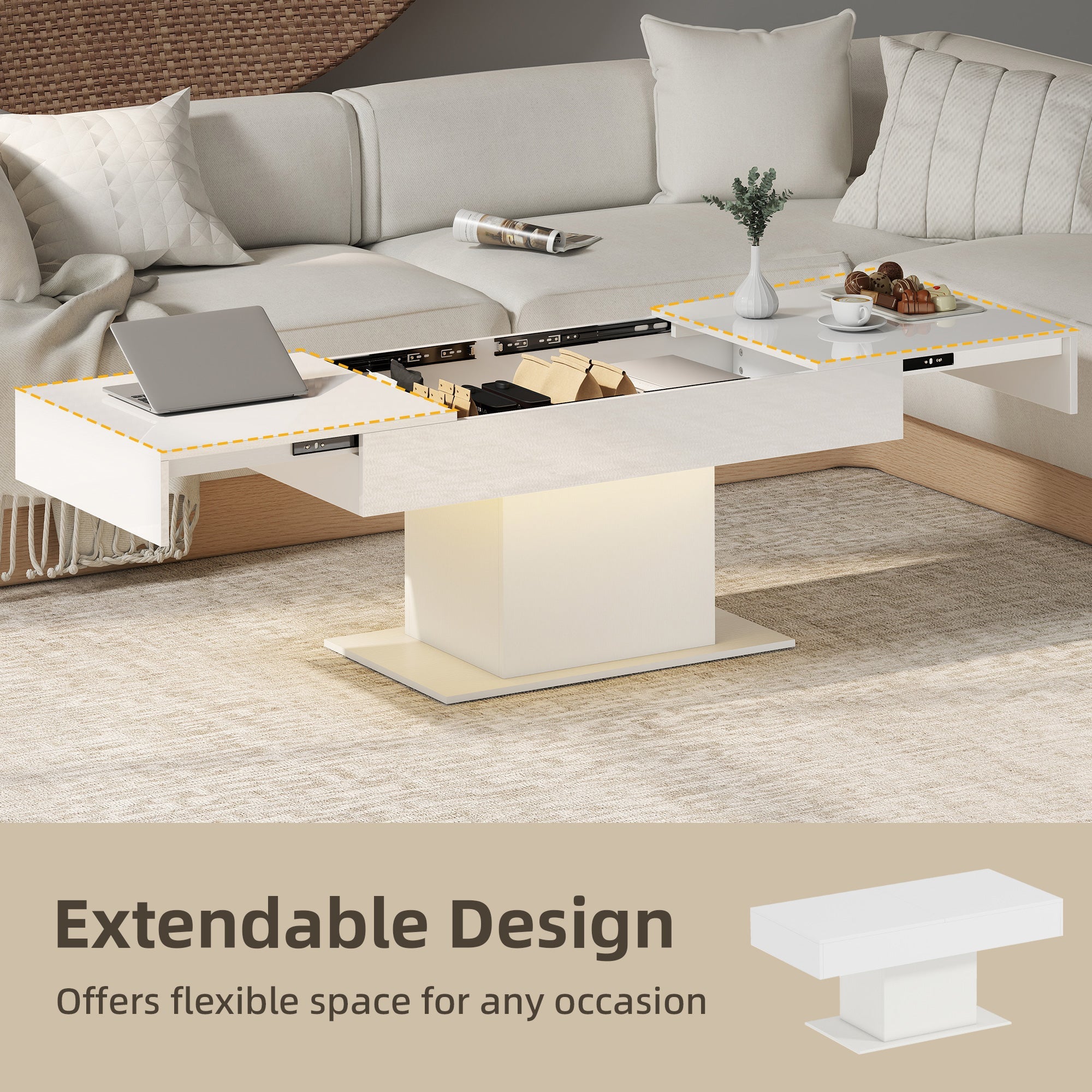 HOMCOM Extendable Coffee Table with LED Lights and Storage - High Gloss White