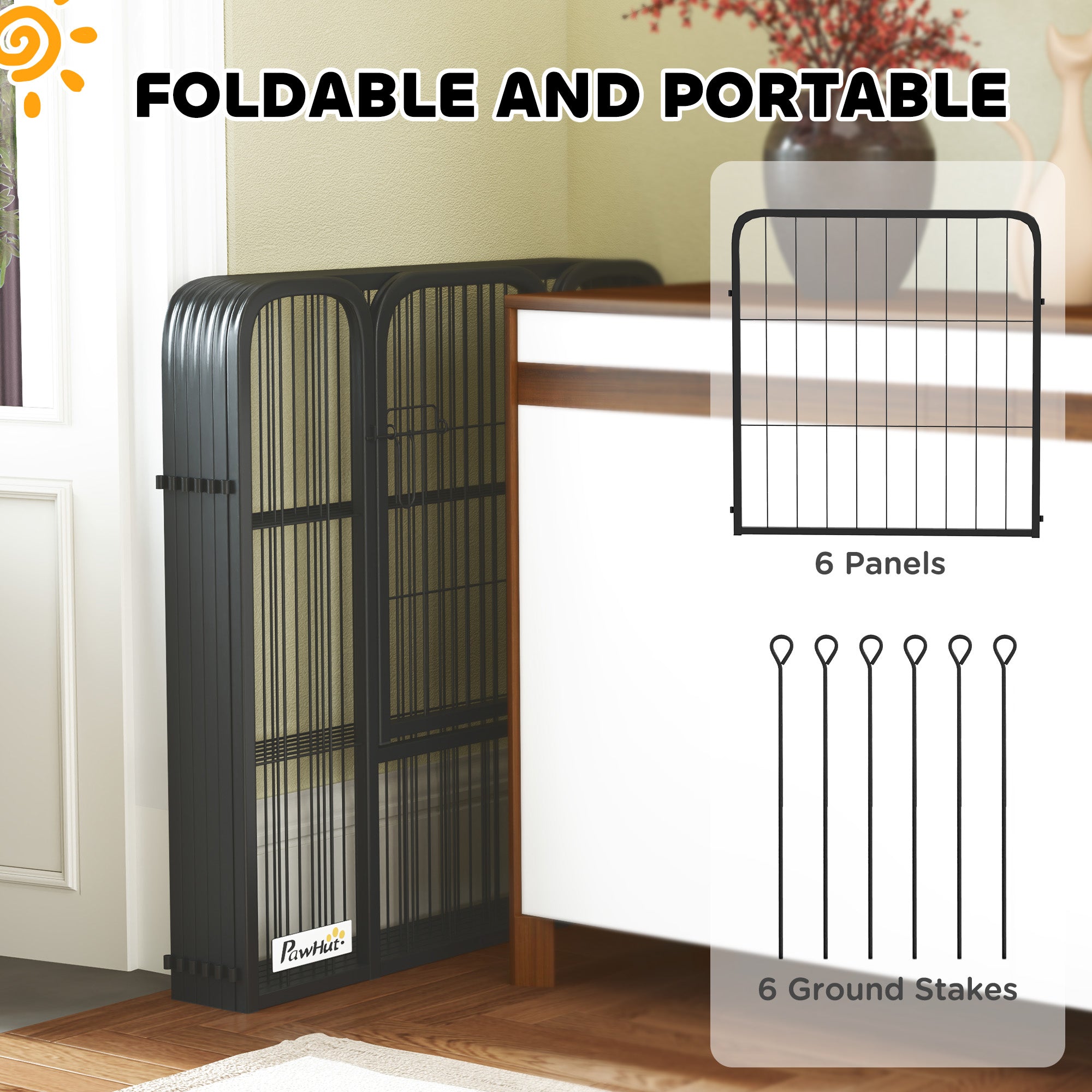 PawHut Six-Panel Dog Playpen with Door, for Small Dogs, Indoors, Outdoors, 60cm Tall, Black