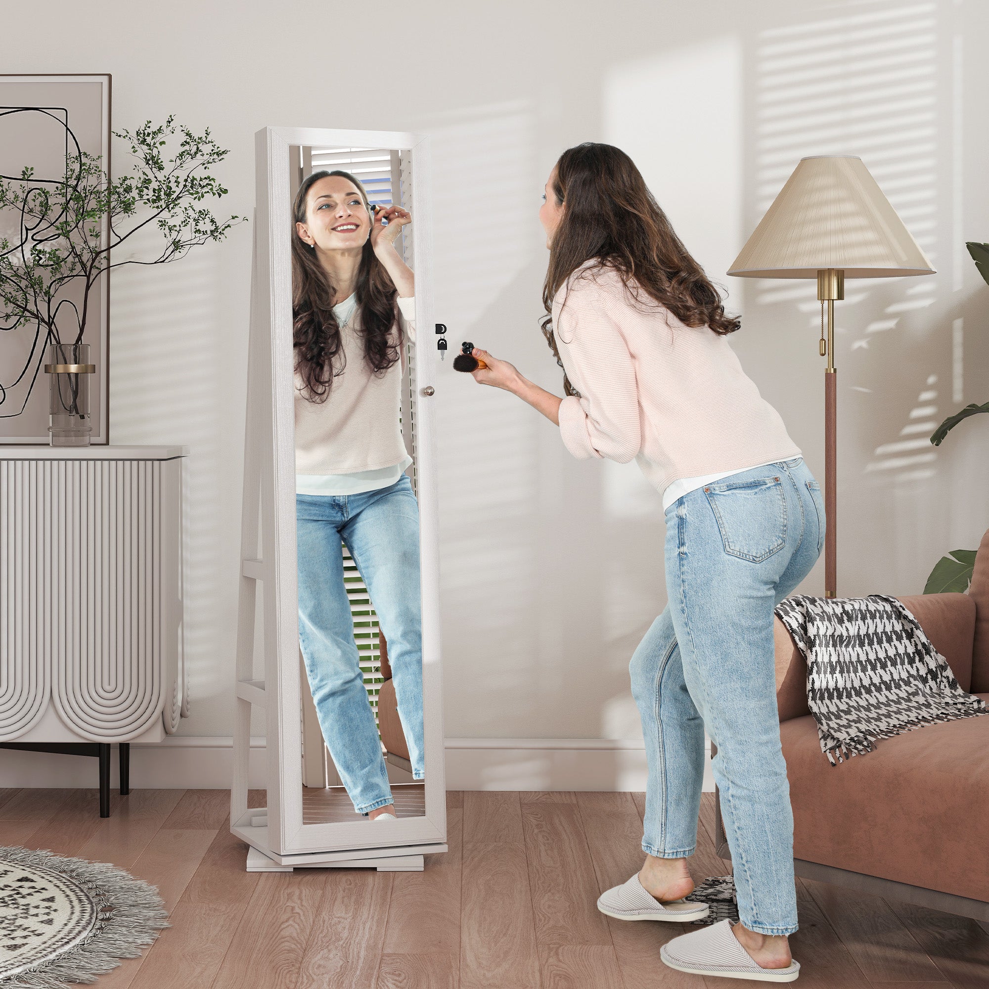 HOMCOM 360√Ç¬∞ Swivel Jewellery Cabinet, Free Standing Full Length Mirror with Storage, Lockable Jewellery Organiser with Built-in Makeup Mirror and Storage Shelves for Bedroom, White