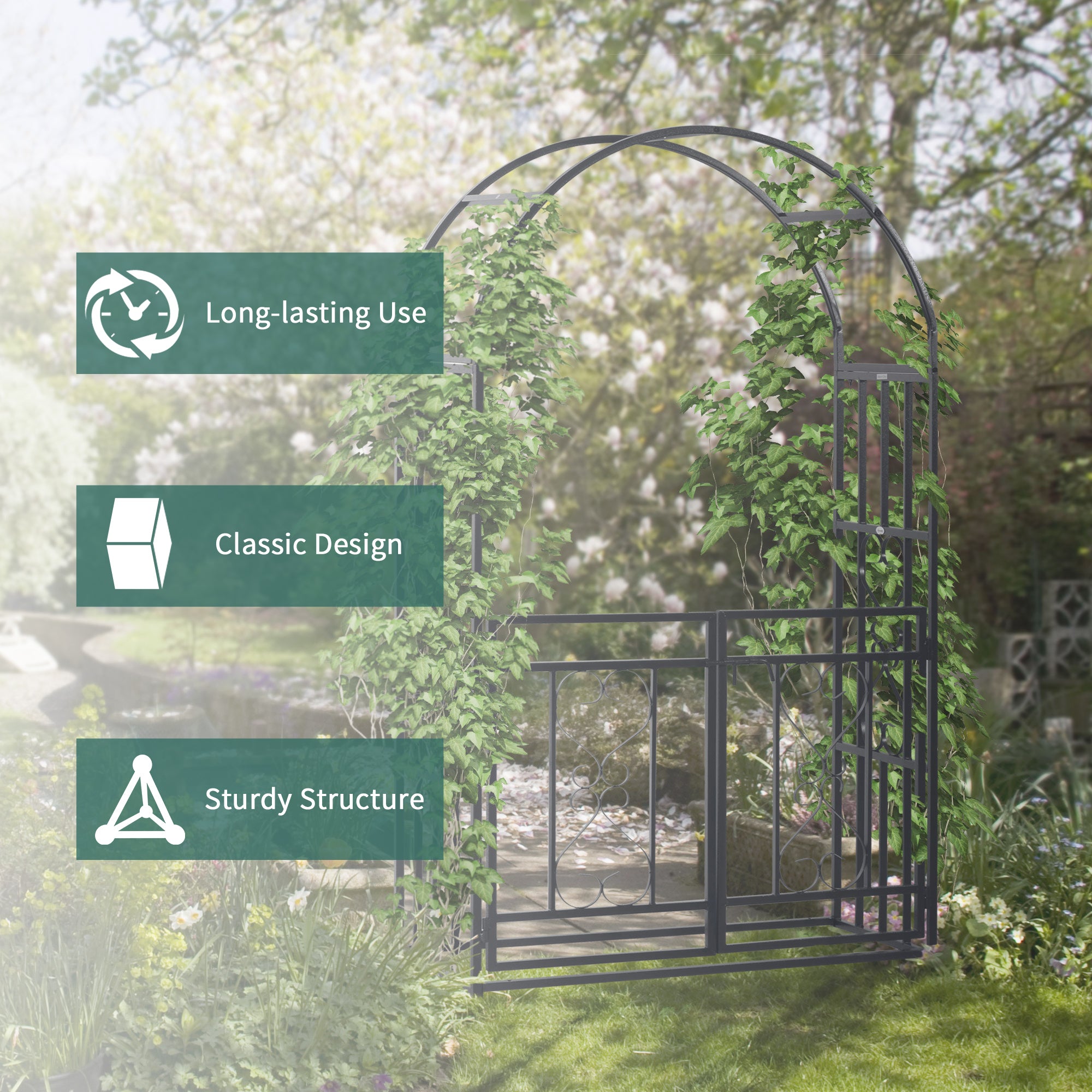 Outsunny Outdoor Garden Arch with Double Gates, Metal Garden Arbor for Climbing Plants, Roses, Vines, Wedding Arch for Outdoor, 114L x 50W x 206H cm, Dark Grey