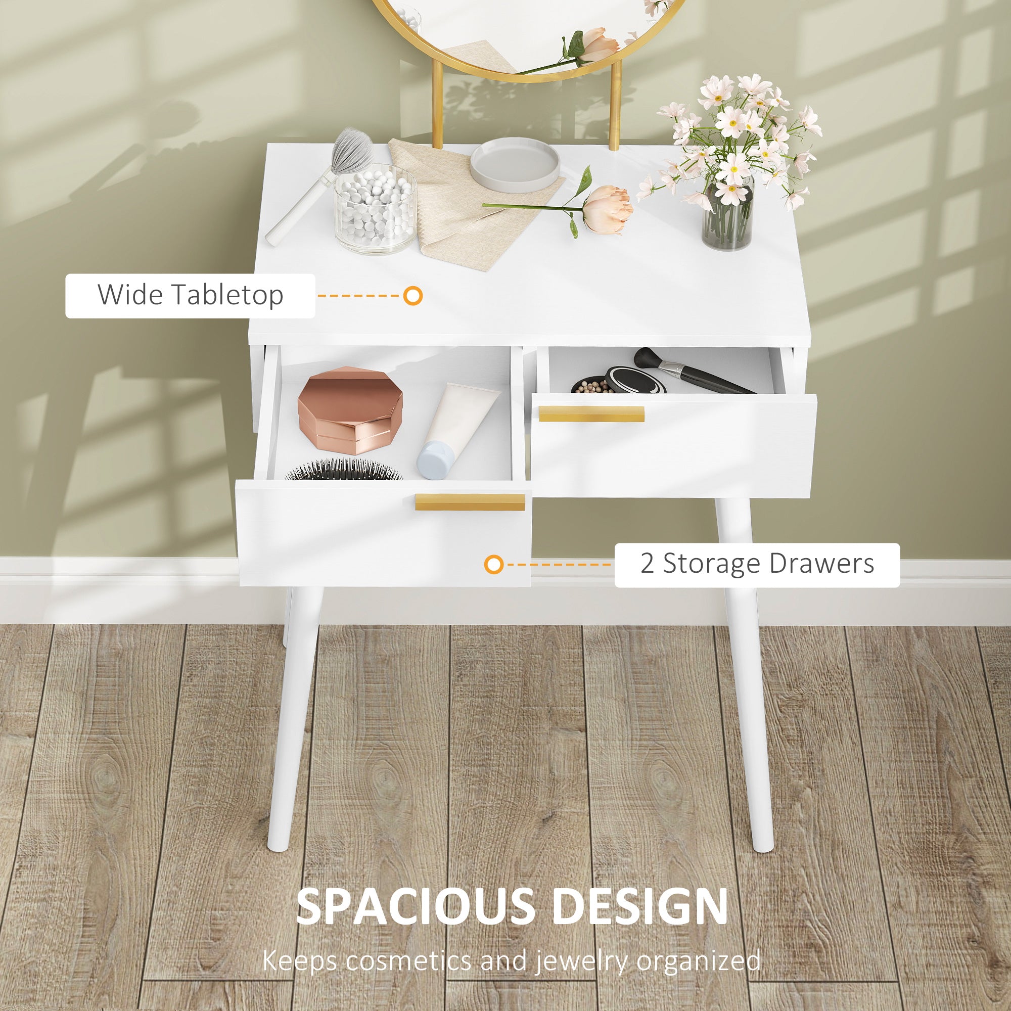 HOMCOM Elegant Dressing Table, with Round Mirror, 60 x 40 x 123 cm - White