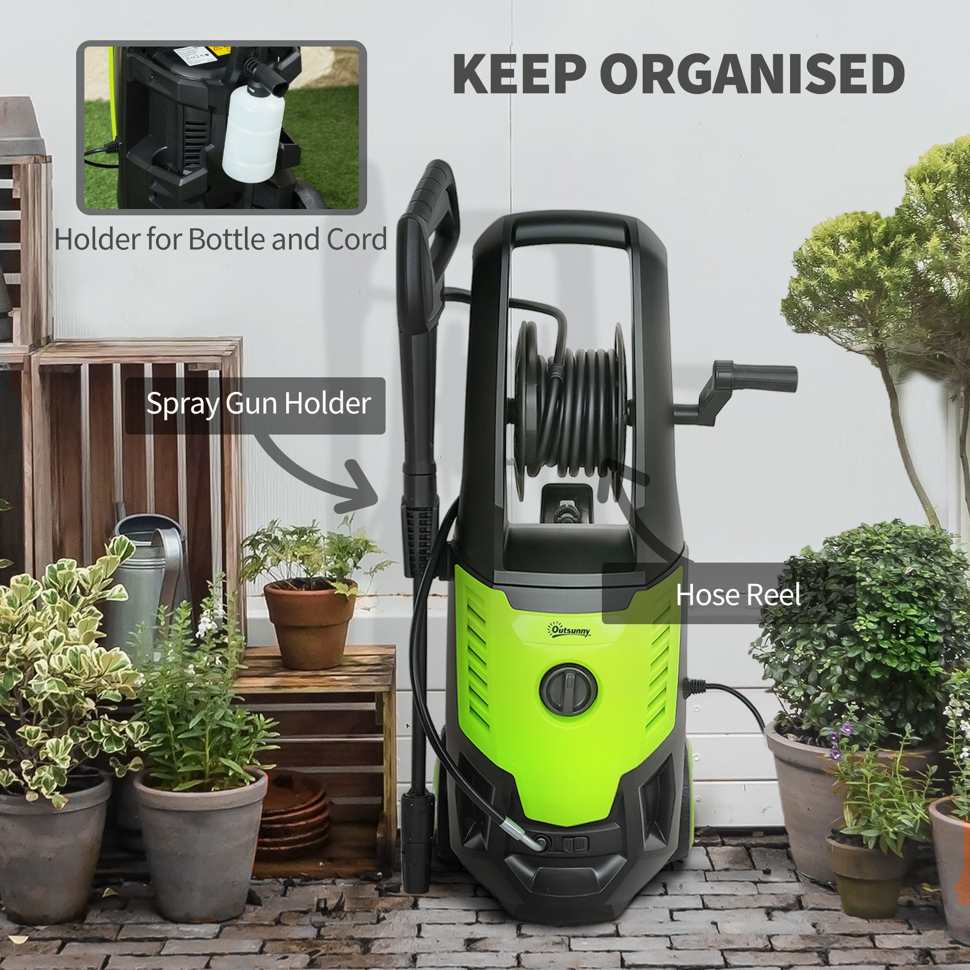 Outsunny 2200W High√Ç Pressure√Ç Washer, 170 Bar Pressure, 420 L/h Flow, Portable Electric Power Washer Jet Wash Cleaner with Adjustable Nozzle 6M Hose and Hose Reel for Home Patio Car Driveway