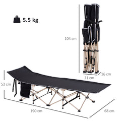Outsunny Single Person Camping Bed Folding Cot Outdoor Patio Portable Military Sleeping Bed Travel Guest Leisure Fishing with Side Pocket and Carry Bag - Black
