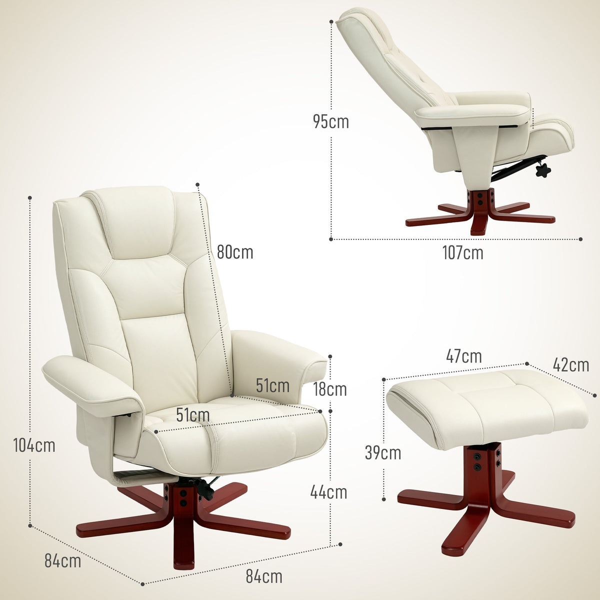 HOMCOM Faux Leather Manual Recliner and Footstool Set - Cream White