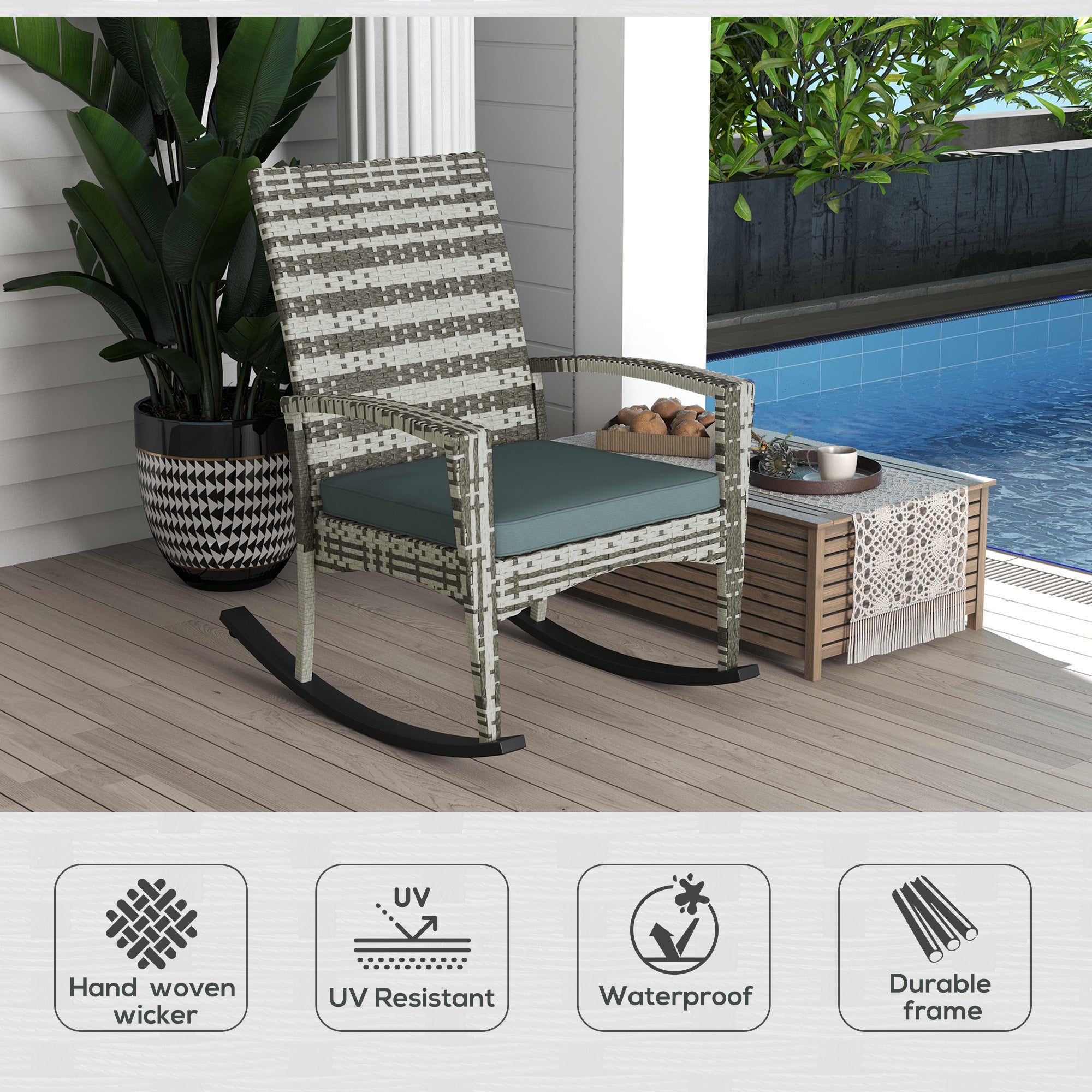 Outsunny PE Rattan Garden Rocking Chair, Outdoor Rocking with Cushion, 160 KG Capacity Wicker Garden Armchair Rocker with Metal Frame for Patio, Porch, Balcony, Light Grey