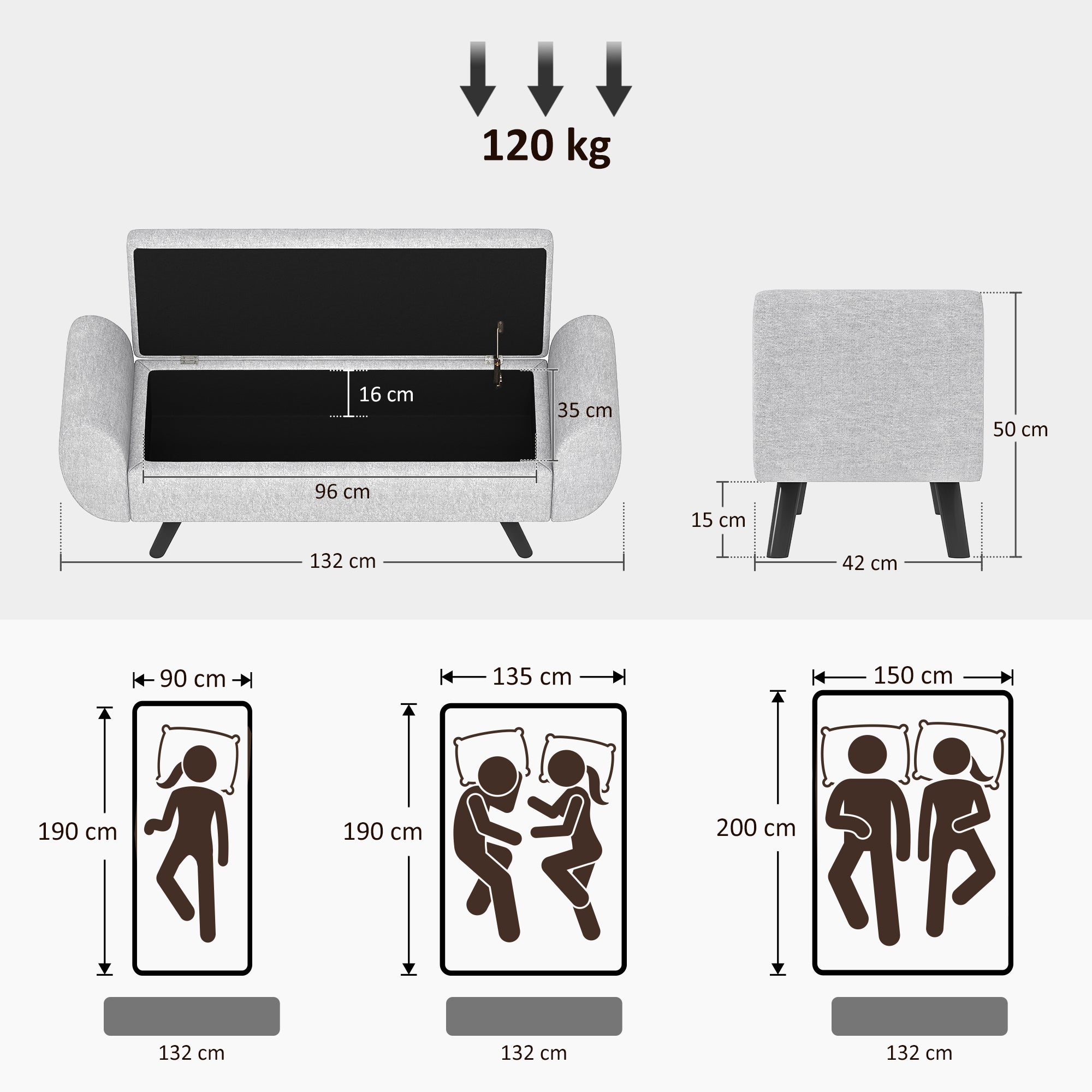 HOMCOM Storage Ottoman with Armrest, Upholstered Linen Storage Bench, Window Seat with Rubberwood Legs, Footstool for Bedroom Living Room, Hallway, Light Grey