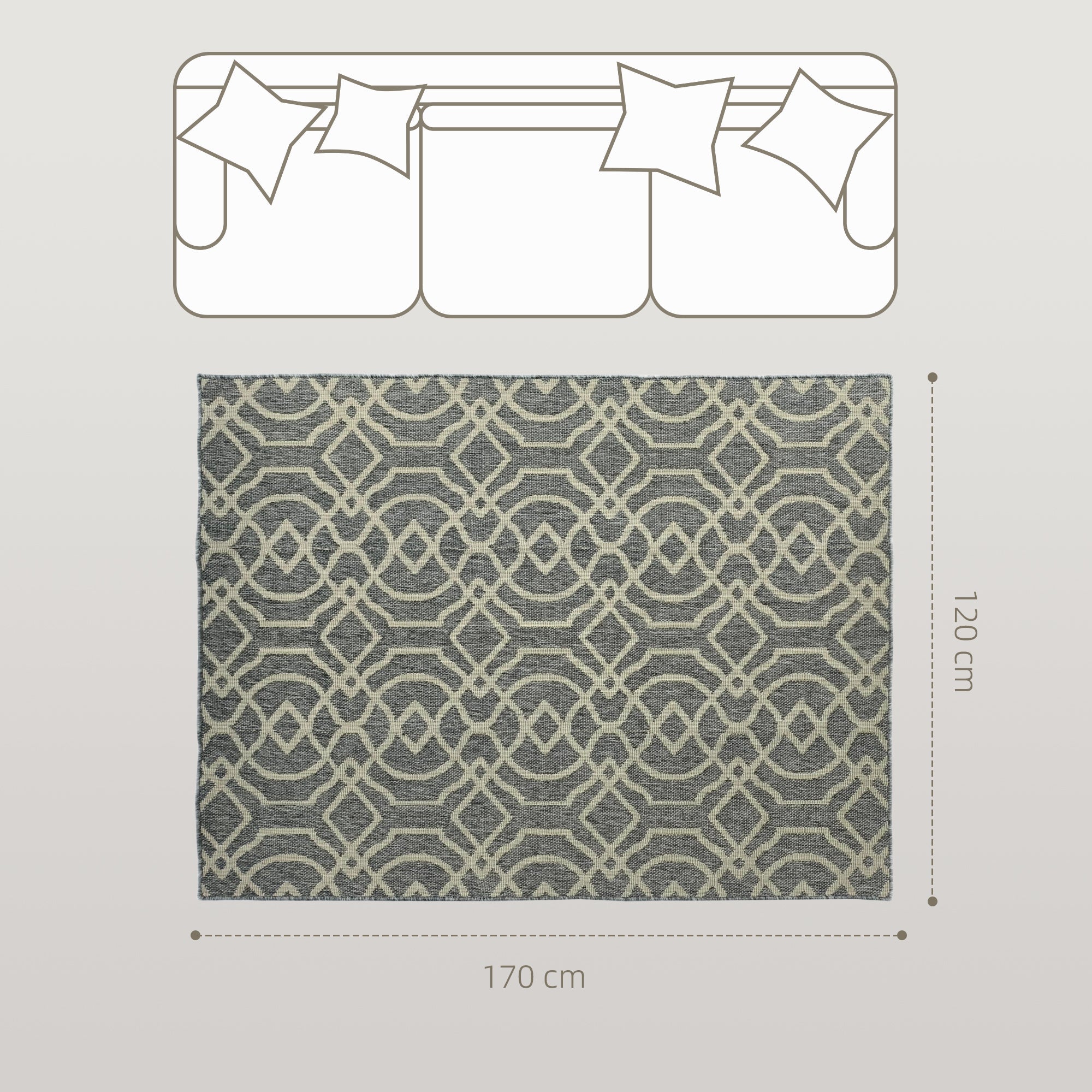 HOMCOM UV Resistant Indoor & Outdoor Area Rug, Easy-Cleaning Machine Washable Rug with Geometric Pattern for Patio, Garden, Kitchen, Bathroom or Living Room, 170 x 120 cm, Grey