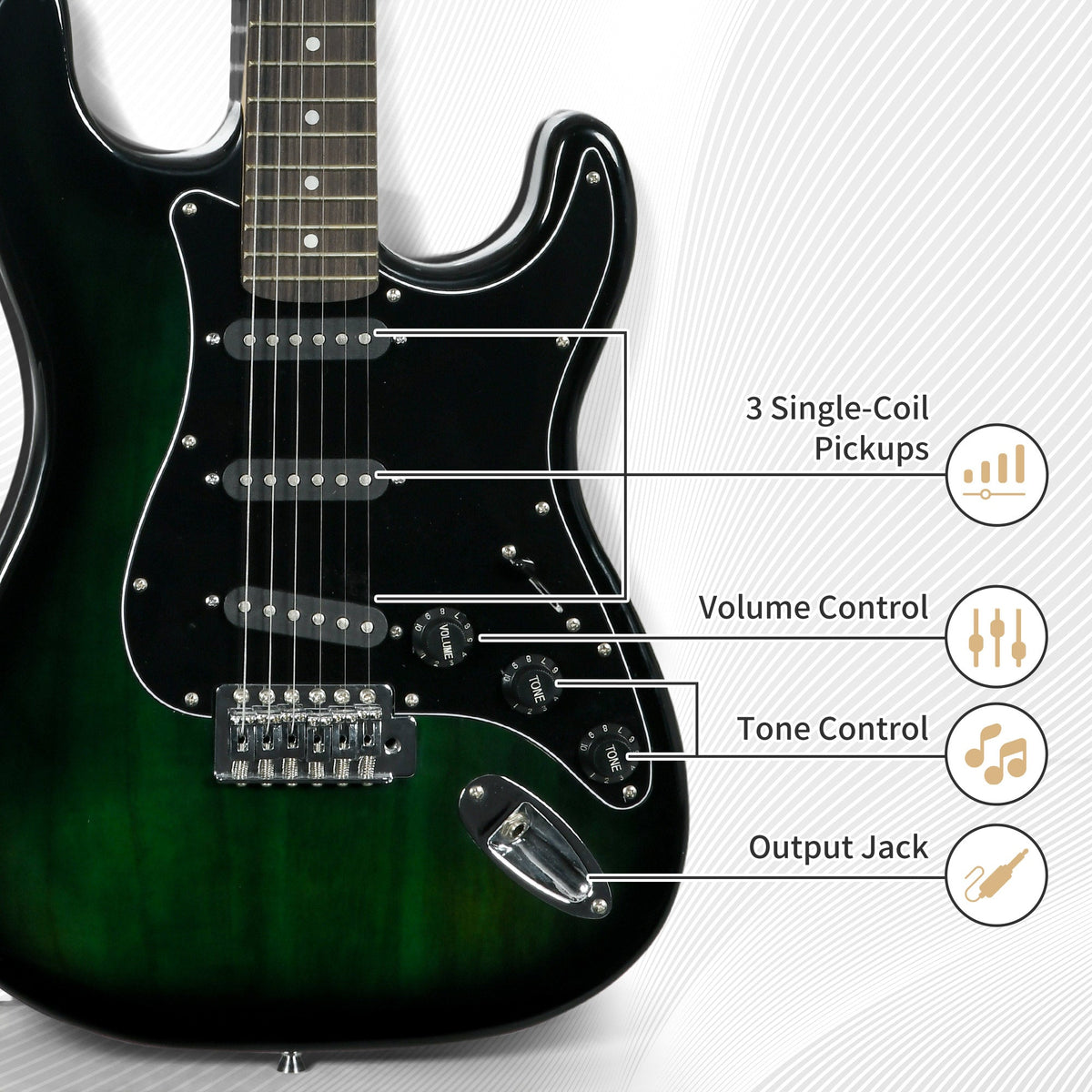 SPORTNOW Six-String Electric Guitar, with 15W Amplifier, Digital Turner, Picks, Shoulder Strap, Case Bag - Dark Green