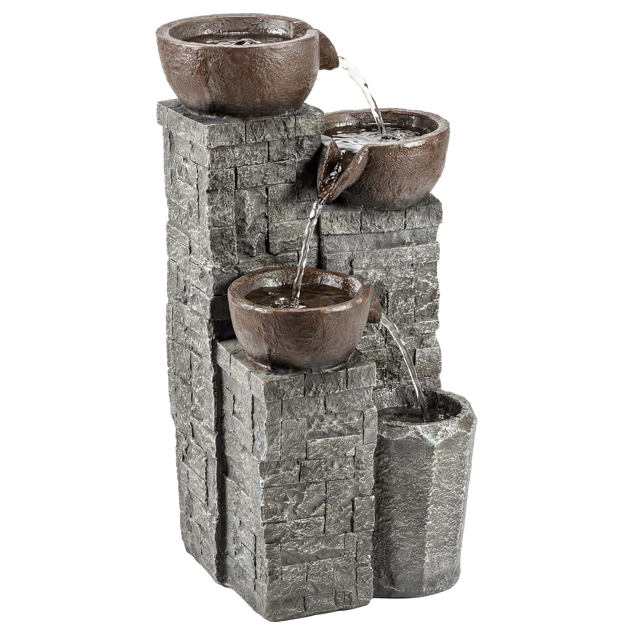 Outsunny 4-Tier Outdoor Fountain, Cascading Waterfall, Garden Fountain with LED Lights, Adjustable Flow, Grey and Rustic Brown
