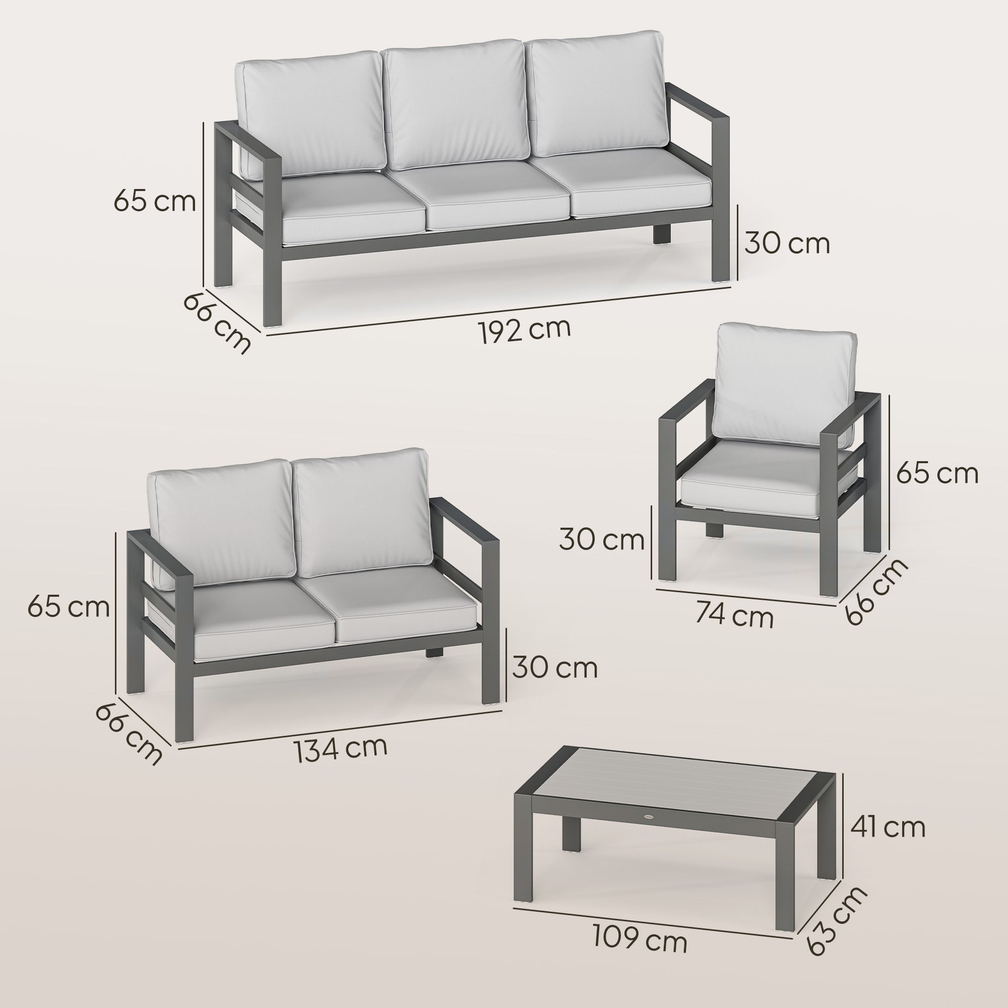 Outsunny 5 Pieces Aluminium Garden Furniture Set with Olefin Cushions, Extra Deep Outdoor Garden Sofa Set, Dark Grey