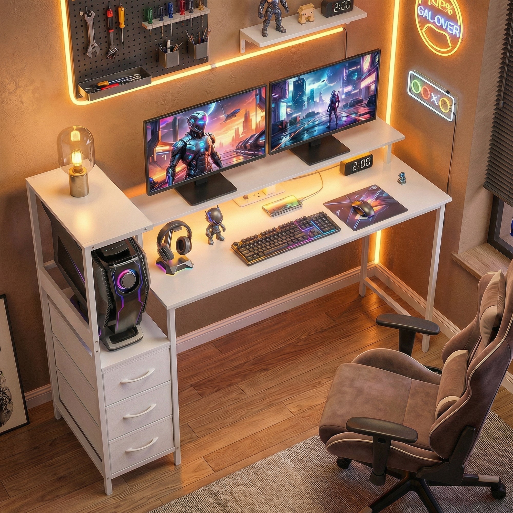 HOMCOM 147cm Gaming Desk with Charging Station and Monitor Stand, Computer Table for Home Office with RGB Lights, White