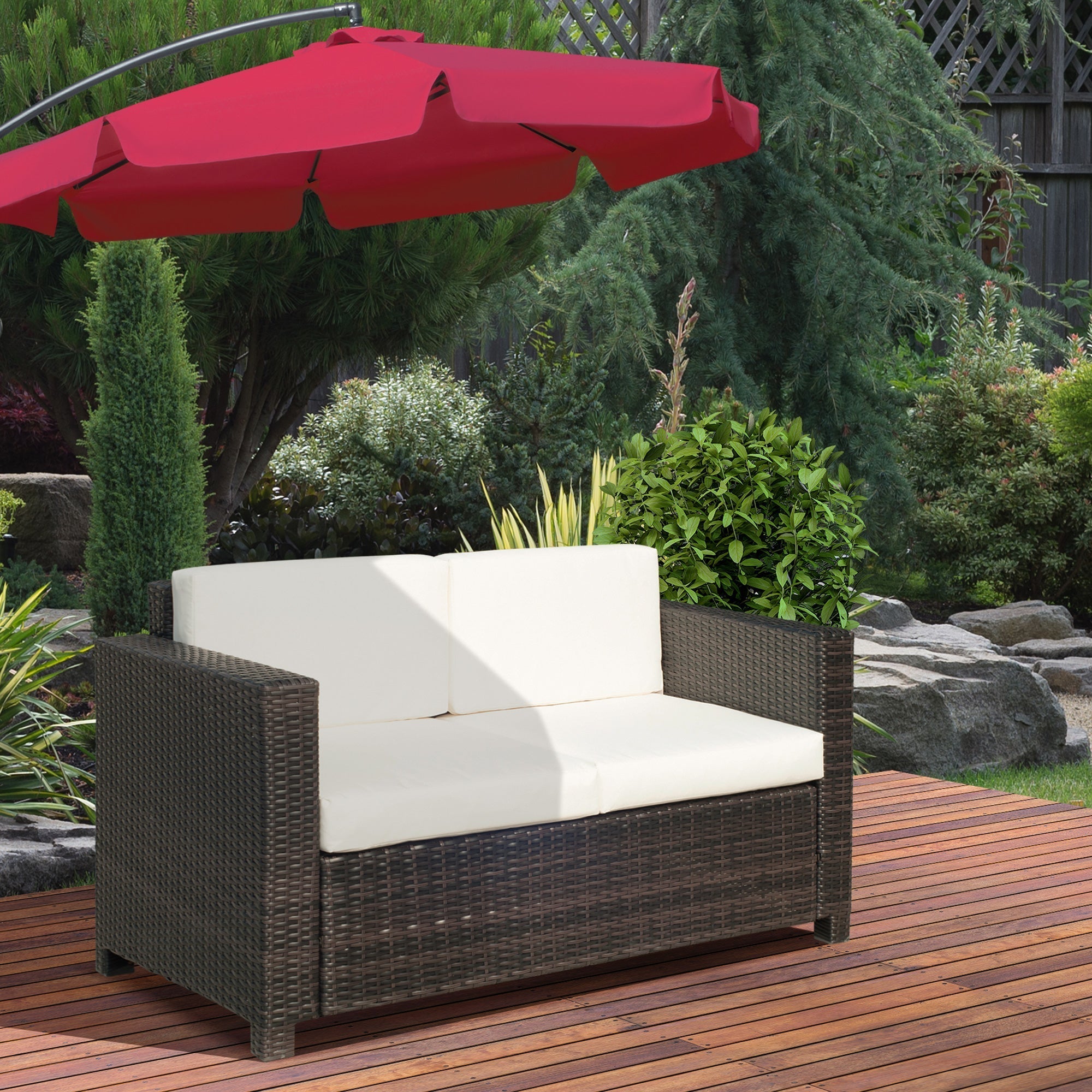 Outsunny Rattan Sofa, 2 Seater Garden Furniture with Soft Padded Cushion and Armrests, Wicker Garden Loveseat for Patio, Mixed Brown