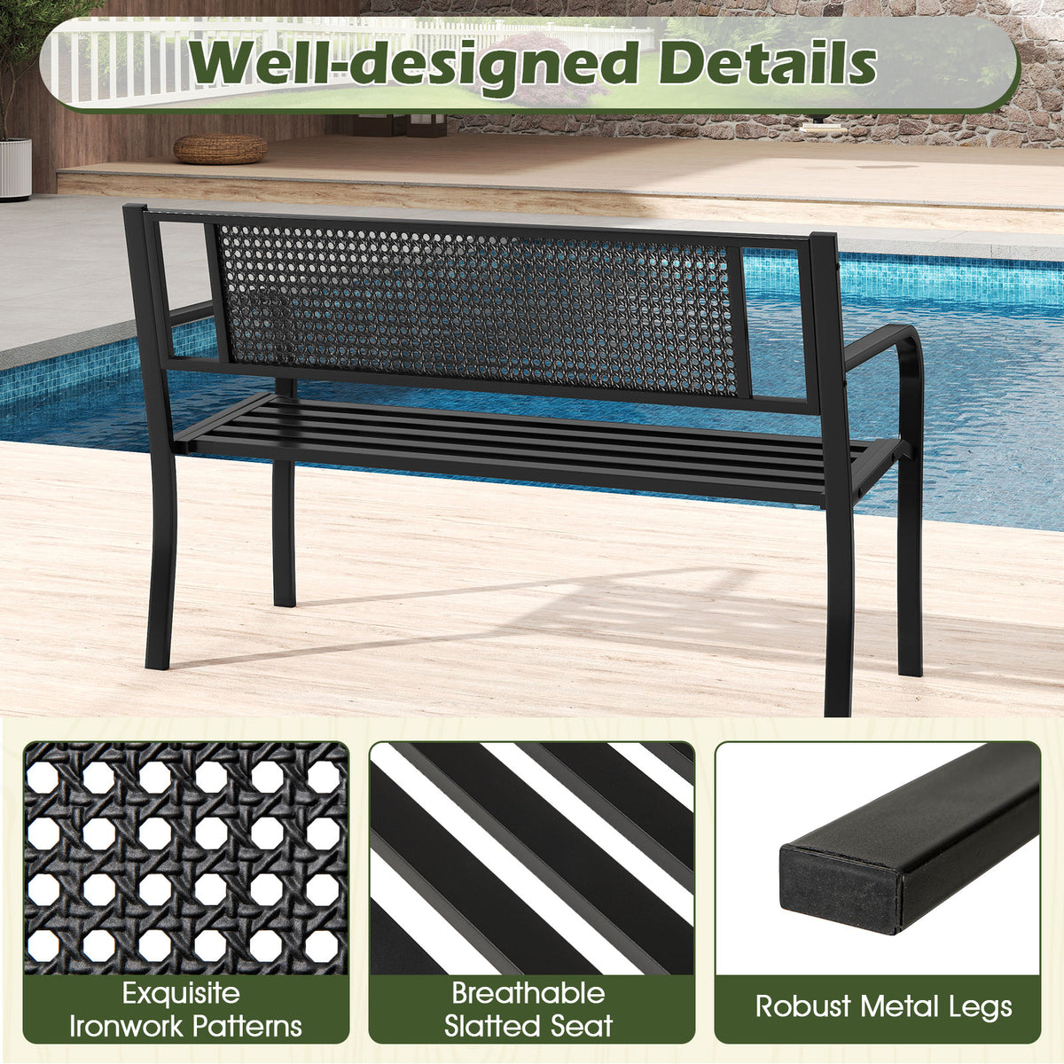 2-3-Persons Outdoor Garden Bench with Patterned Backrest and Curved Armrests-Black