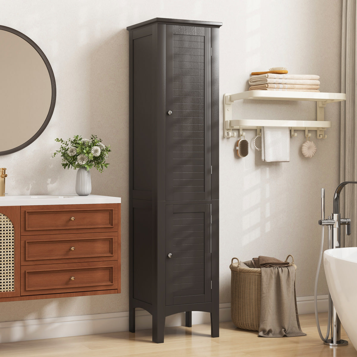2-Door 160cm High Freestanding Bathroom Cabinet with 5-Tier Shelves-Coffee