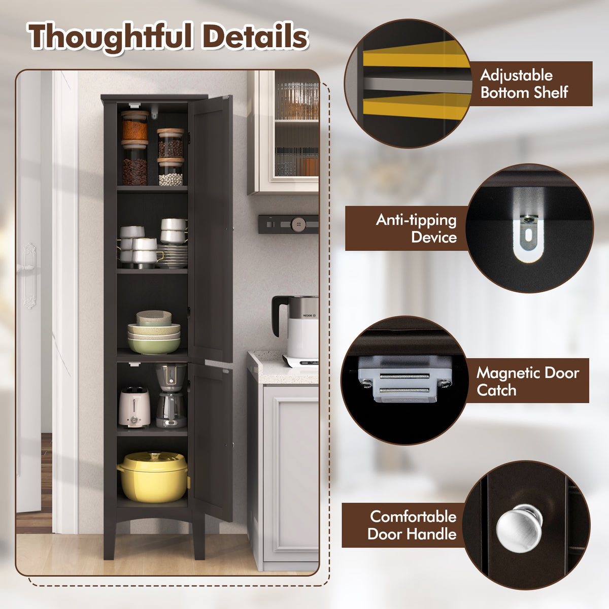 2-Door 160cm High Freestanding Bathroom Cabinet with 5-Tier Shelves-Coffee