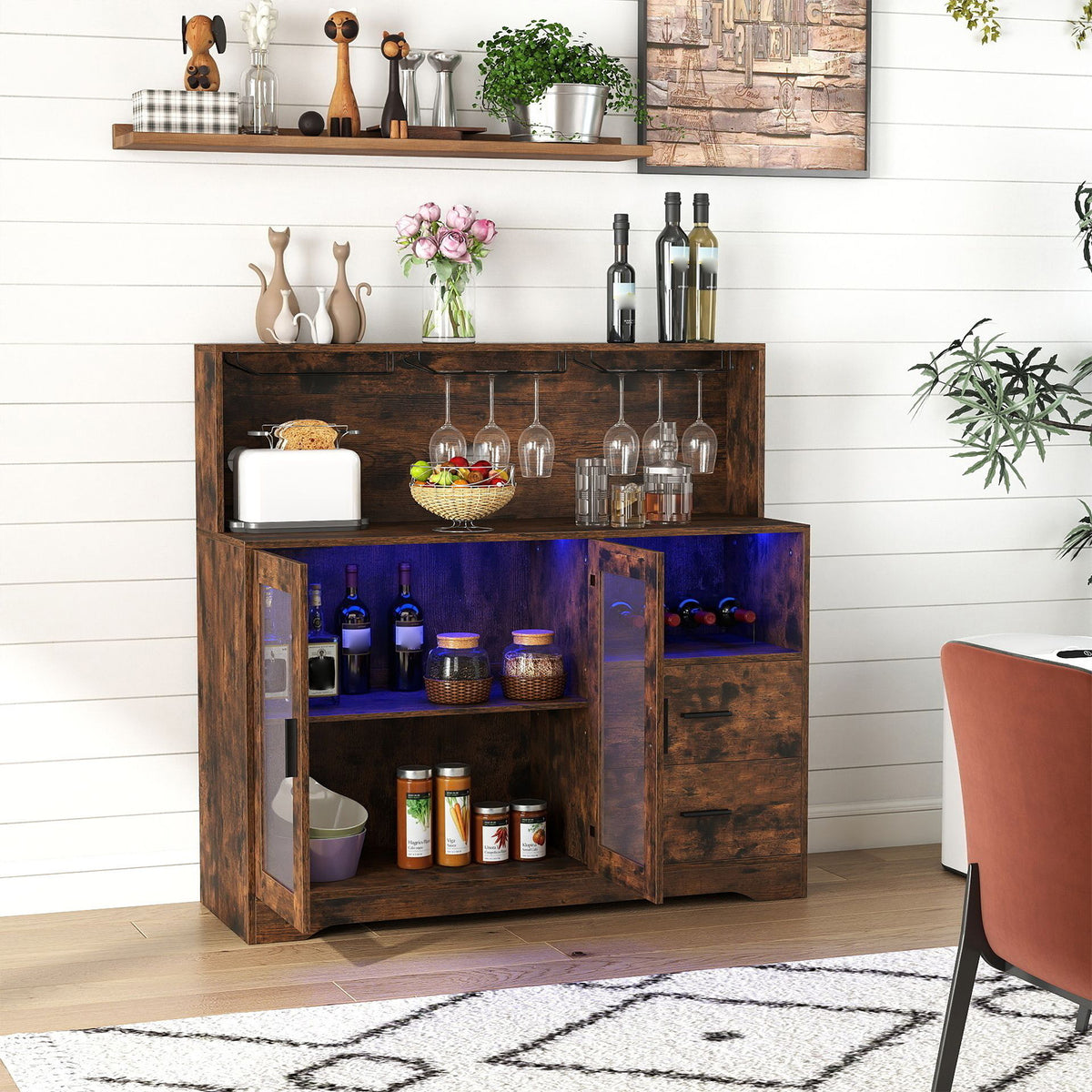 2-Door Wine Bar Cabinet with LED Lights and Charging Station for Kitchen-Rustic Brown