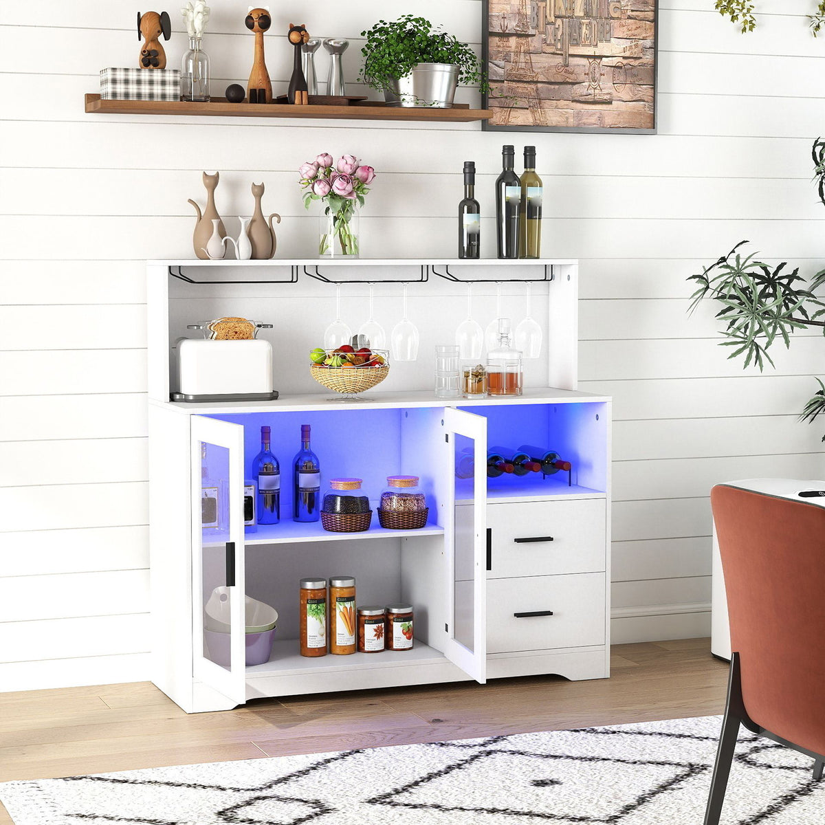 2-Door Wine Bar Cabinet with LED Lights and Charging Station for Kitchen-White