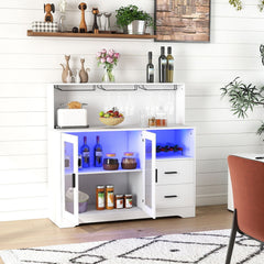 2-Door Wine Bar Cabinet with LED Lights and Charging Station for Kitchen-White