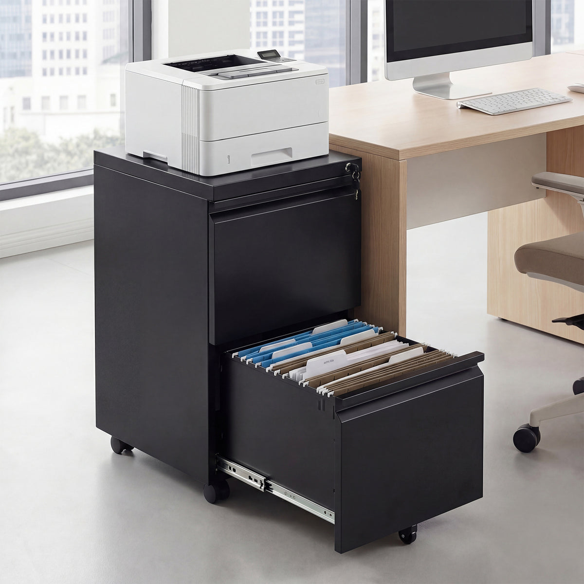 2-Drawer Mobile File Cabinet with 5 Casters and 2 Keys for A4-Black